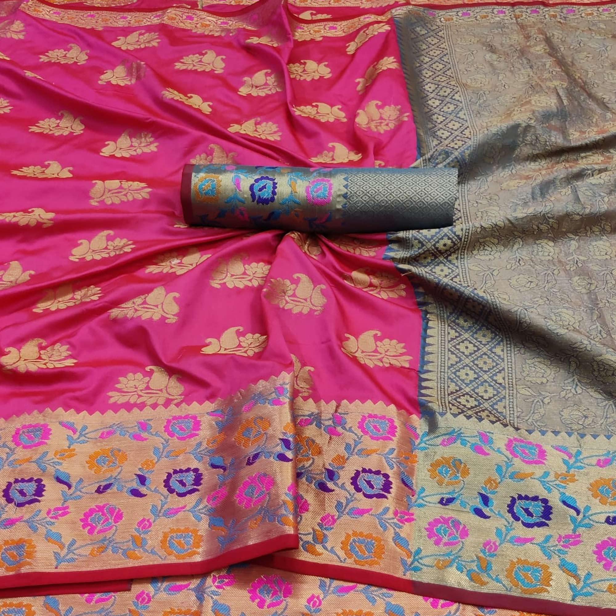 Pink Festive Wear Woven Silk Saree With Border - Peachmode