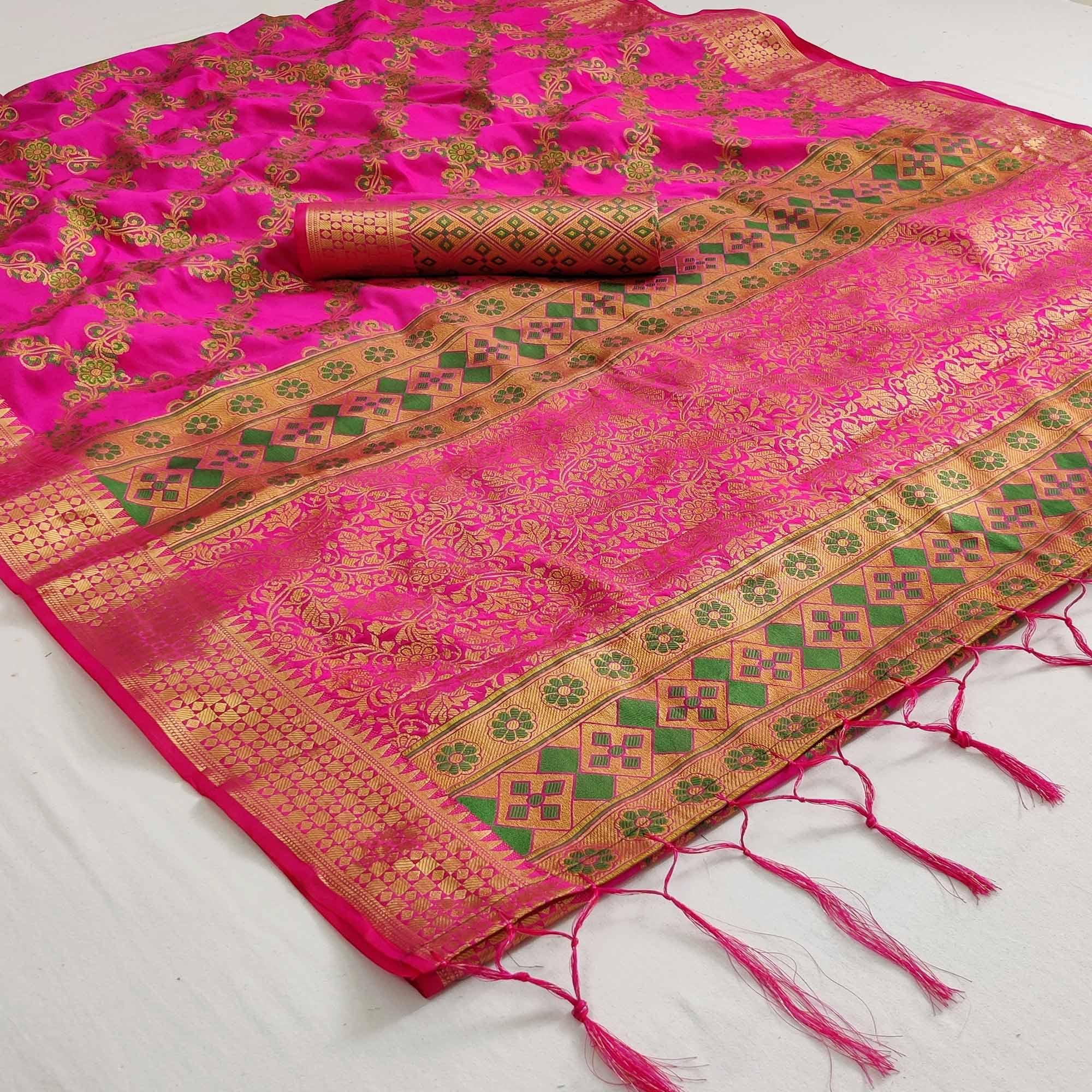Pink Festive Wear Woven Silk Saree With Meena Butta Rich Pallu - Peachmode