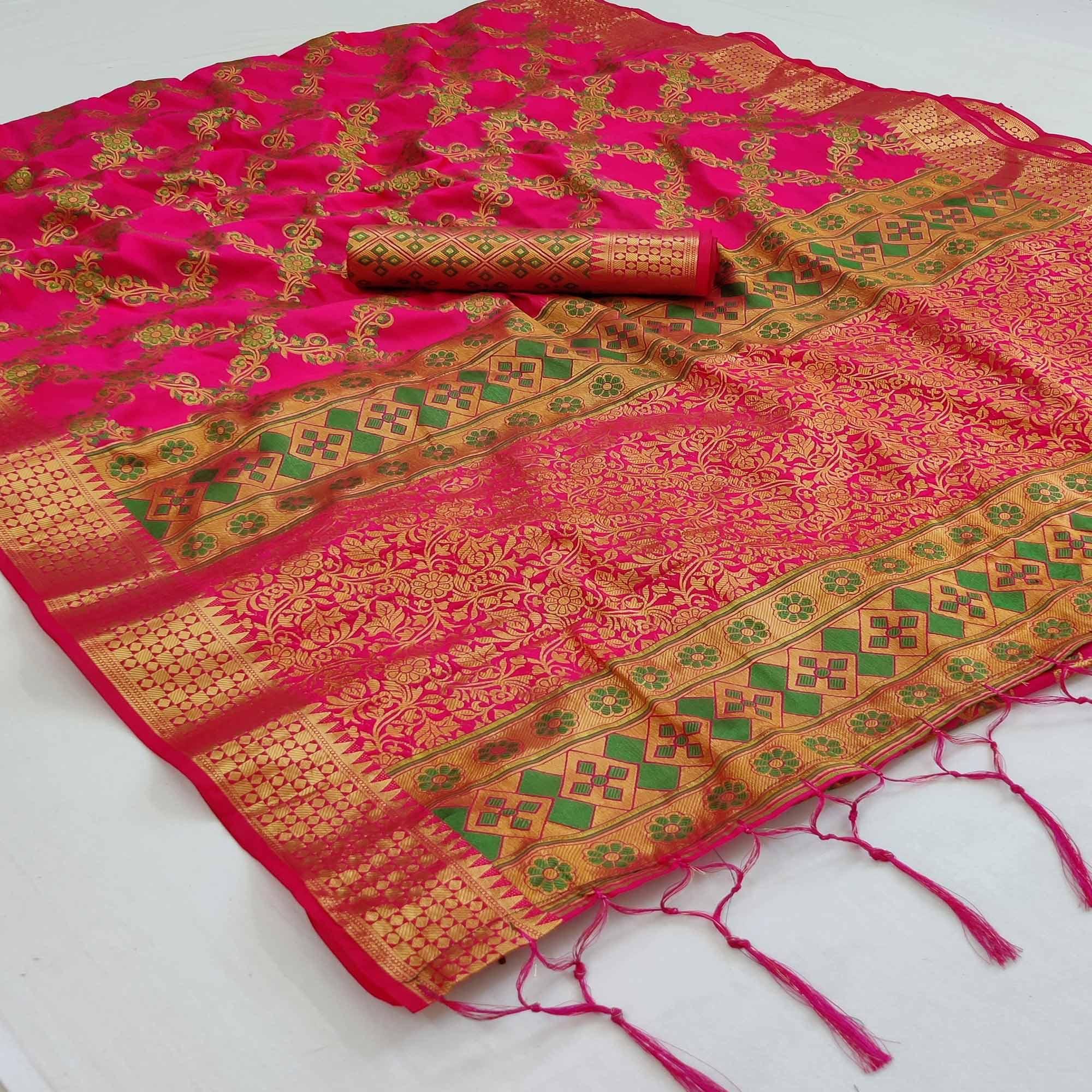 Pink Festive Wear Woven Silk Saree With Meena Butta Rich Pallu - Peachmode