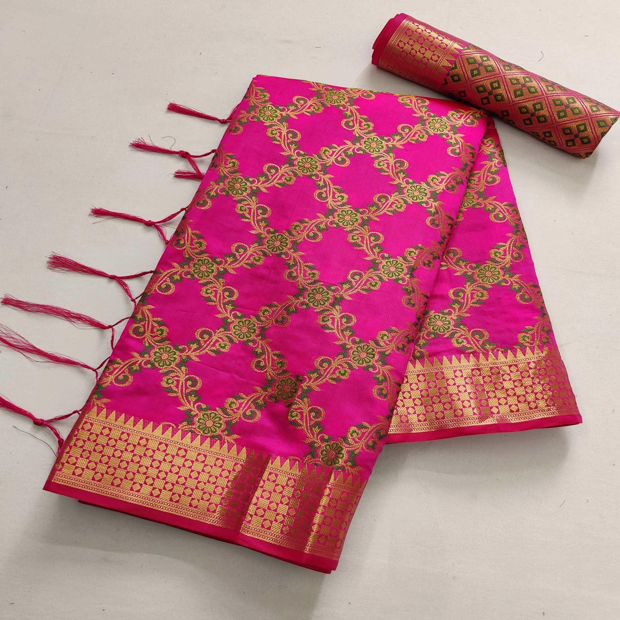 Pink Festive Wear Woven Silk Saree With Meena Butta Rich Pallu - Peachmode