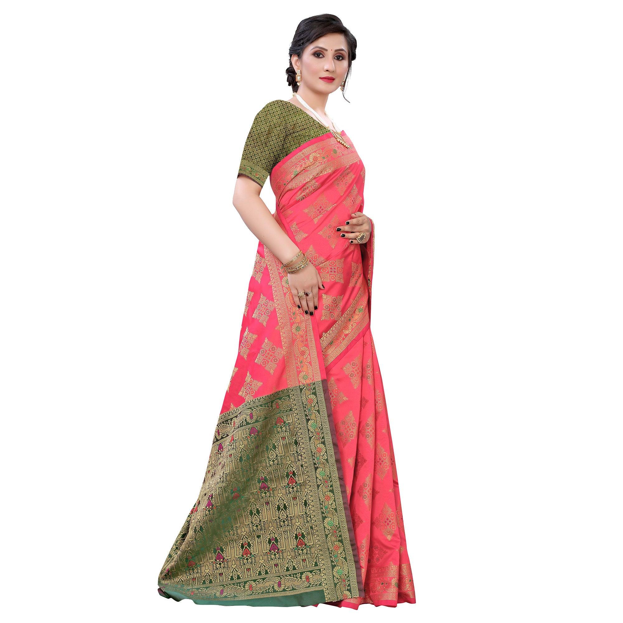 Pink Festive Wear Woven Silk Saree With Meena Butta Rich Pallu - Peachmode