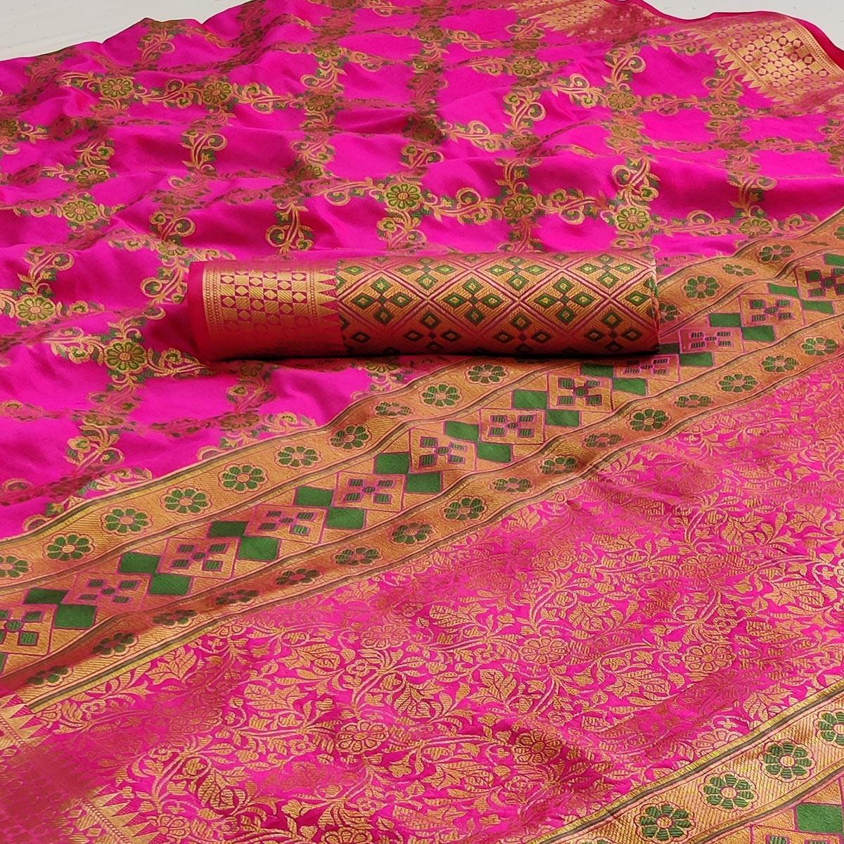 Pink Festive Wear Woven Silk Saree With Meena Butta Rich Pallu - Peachmode