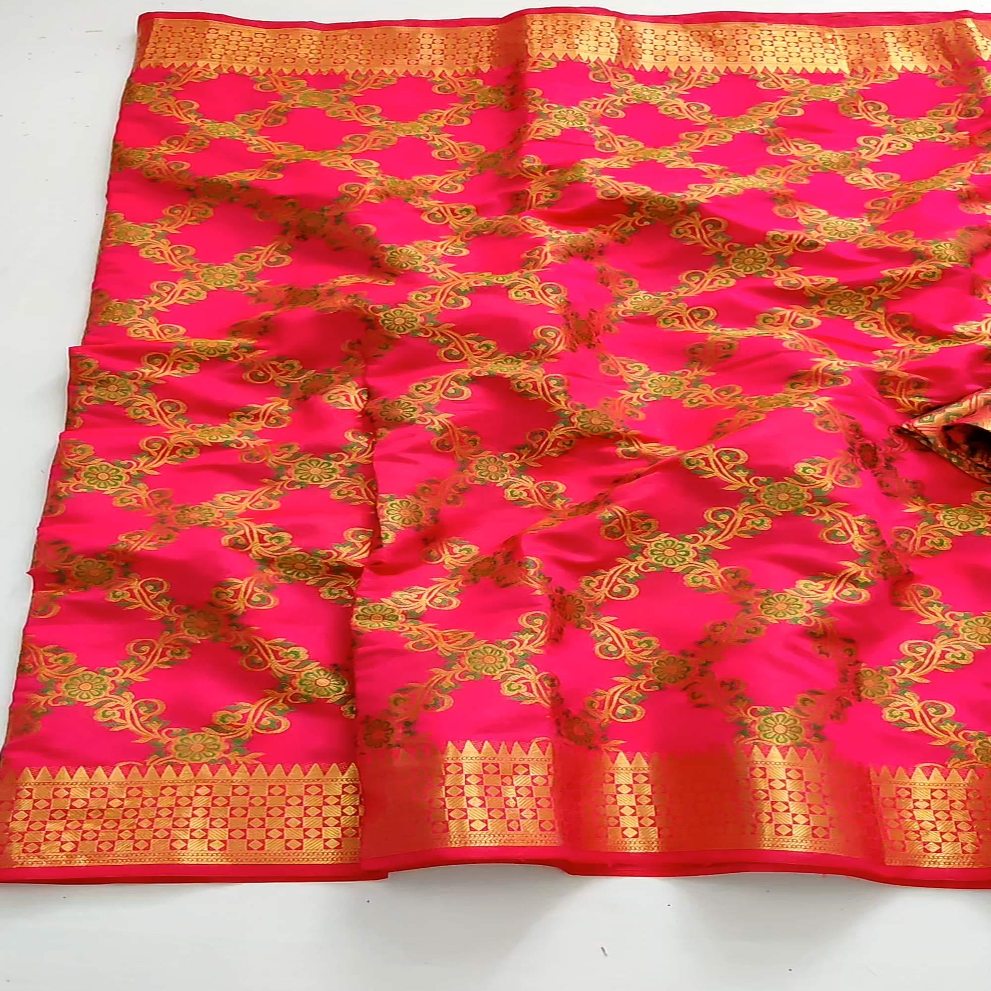 Pink Festive Wear Woven Silk Saree With Meena Butta Rich Pallu - Peachmode