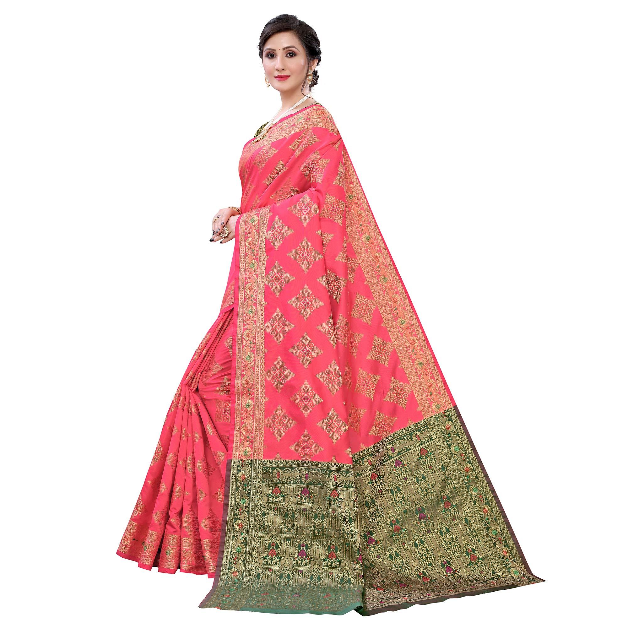 Pink Festive Wear Woven Silk Saree With Meena Butta Rich Pallu - Peachmode