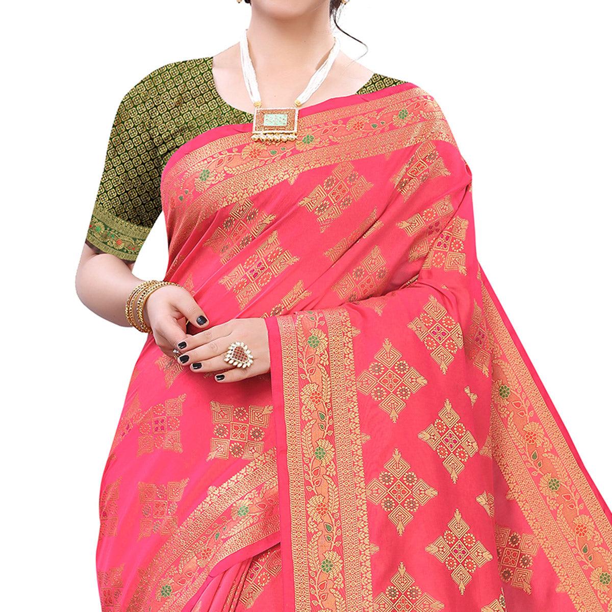 Pink Festive Wear Woven Silk Saree With Meena Butta Rich Pallu - Peachmode