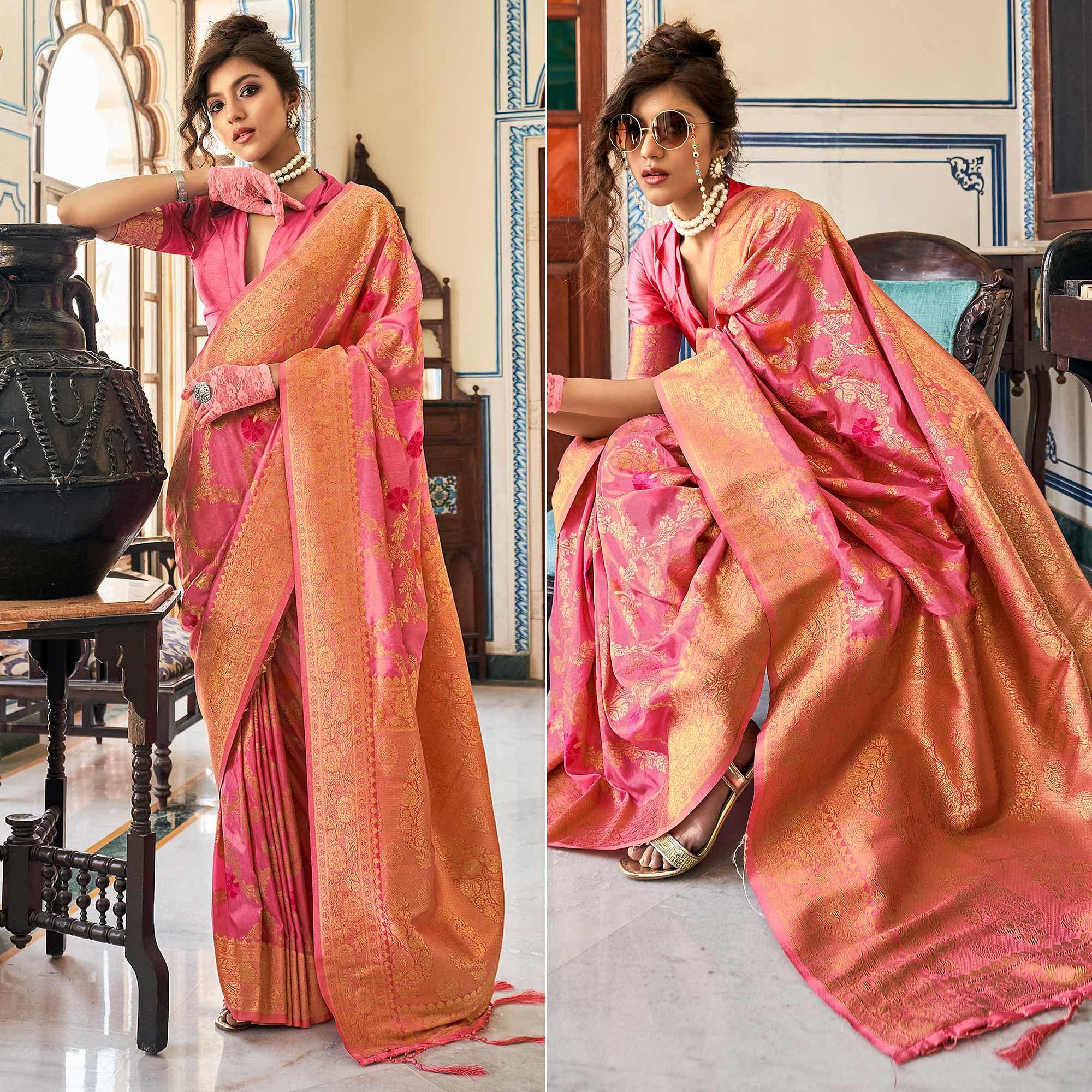 Pink Festive Wear Woven Silk Saree With Tassels - Peachmode