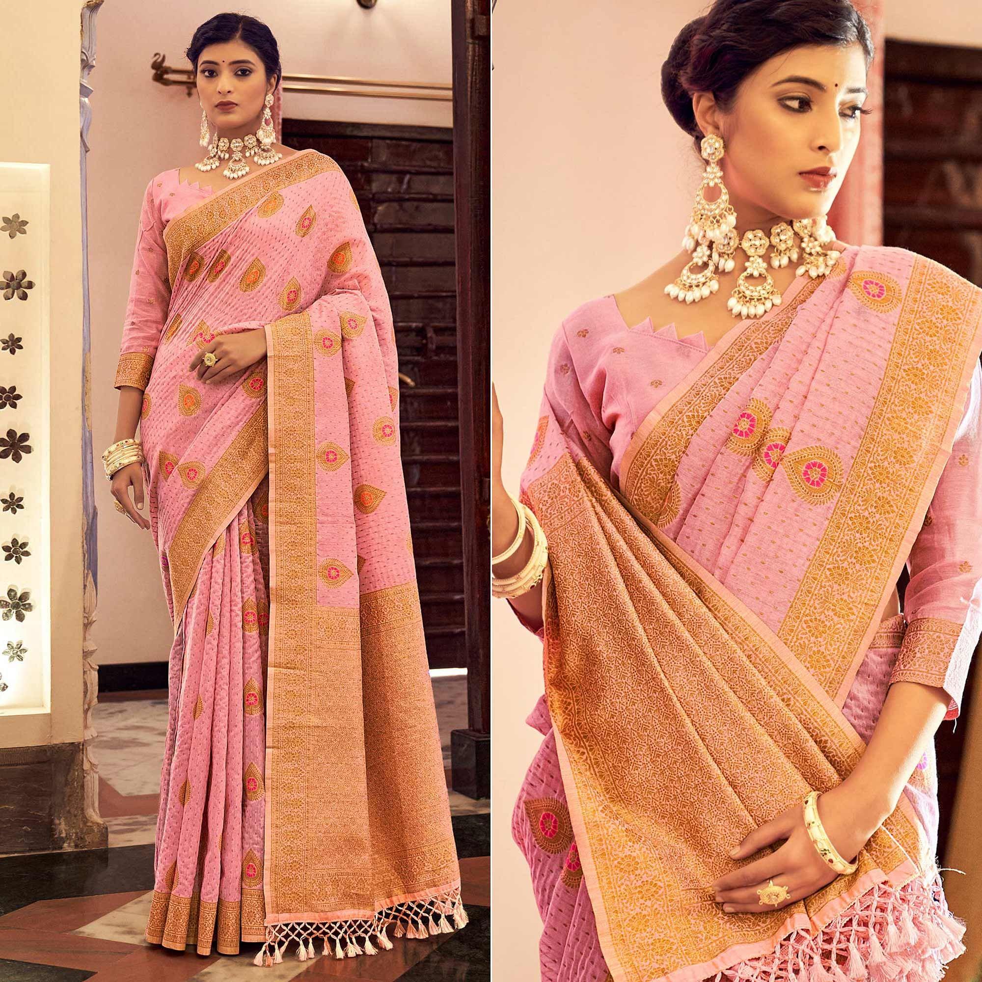 Pink Festive Wear Woven Silk Saree With Tassels - Peachmode