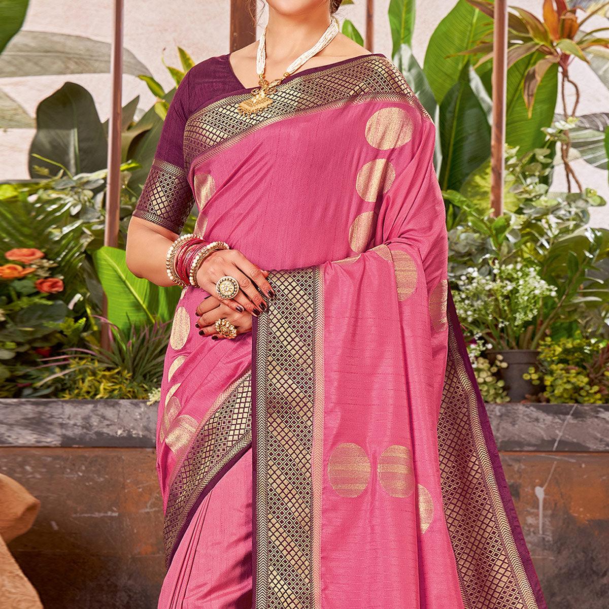 Pink Festive Wear Woven Silk Saree With Tassels - Peachmode