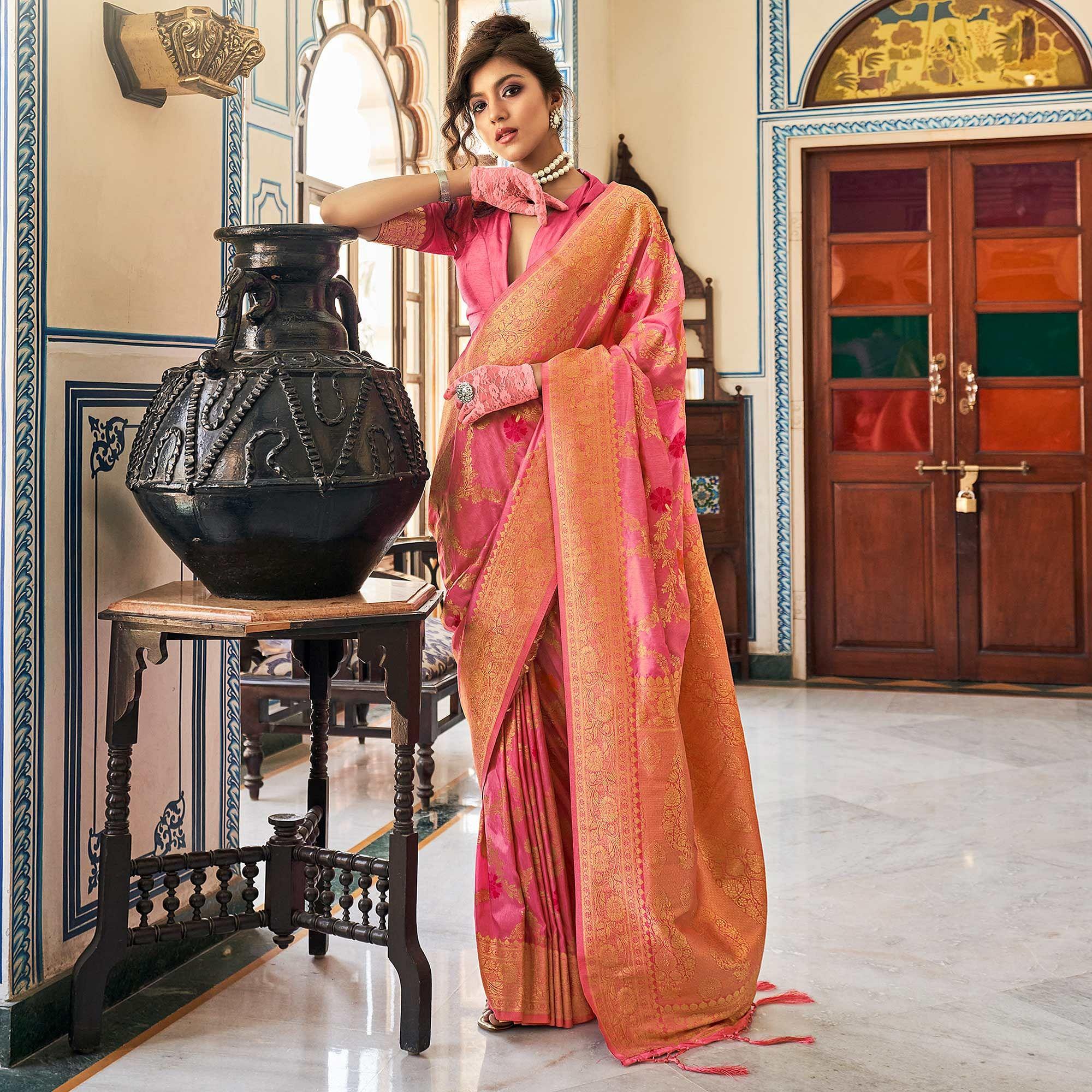Pink Festive Wear Woven Silk Saree With Tassels - Peachmode