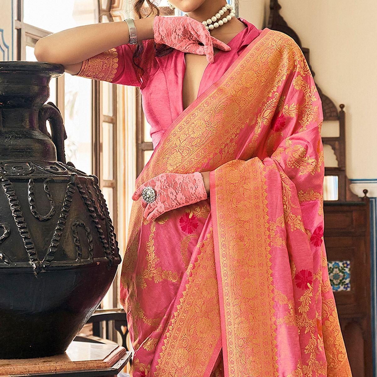 Pink Festive Wear Woven Silk Saree With Tassels - Peachmode