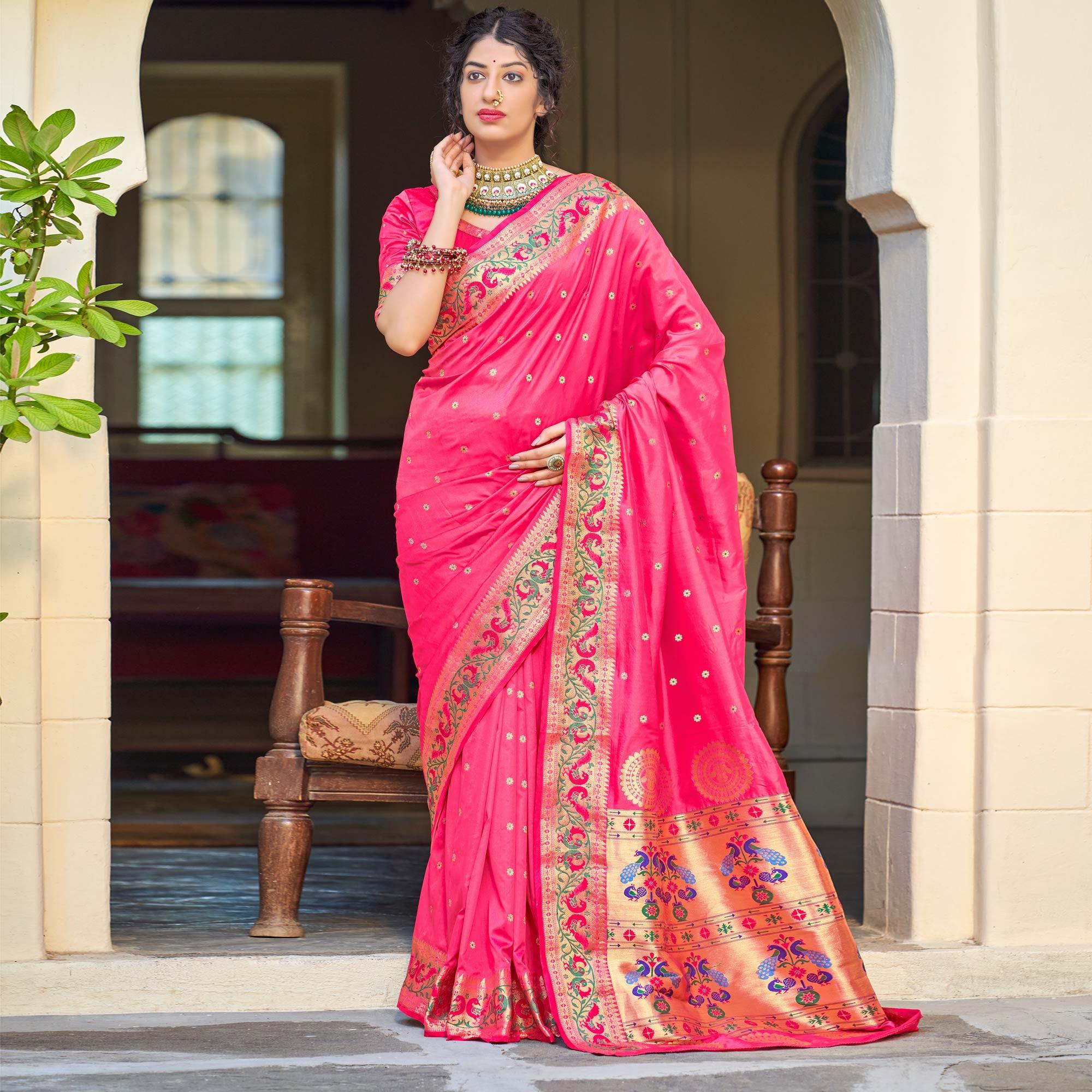 Pink Festive Wear Woven Soft Banarasi Silk Saree - Peachmode