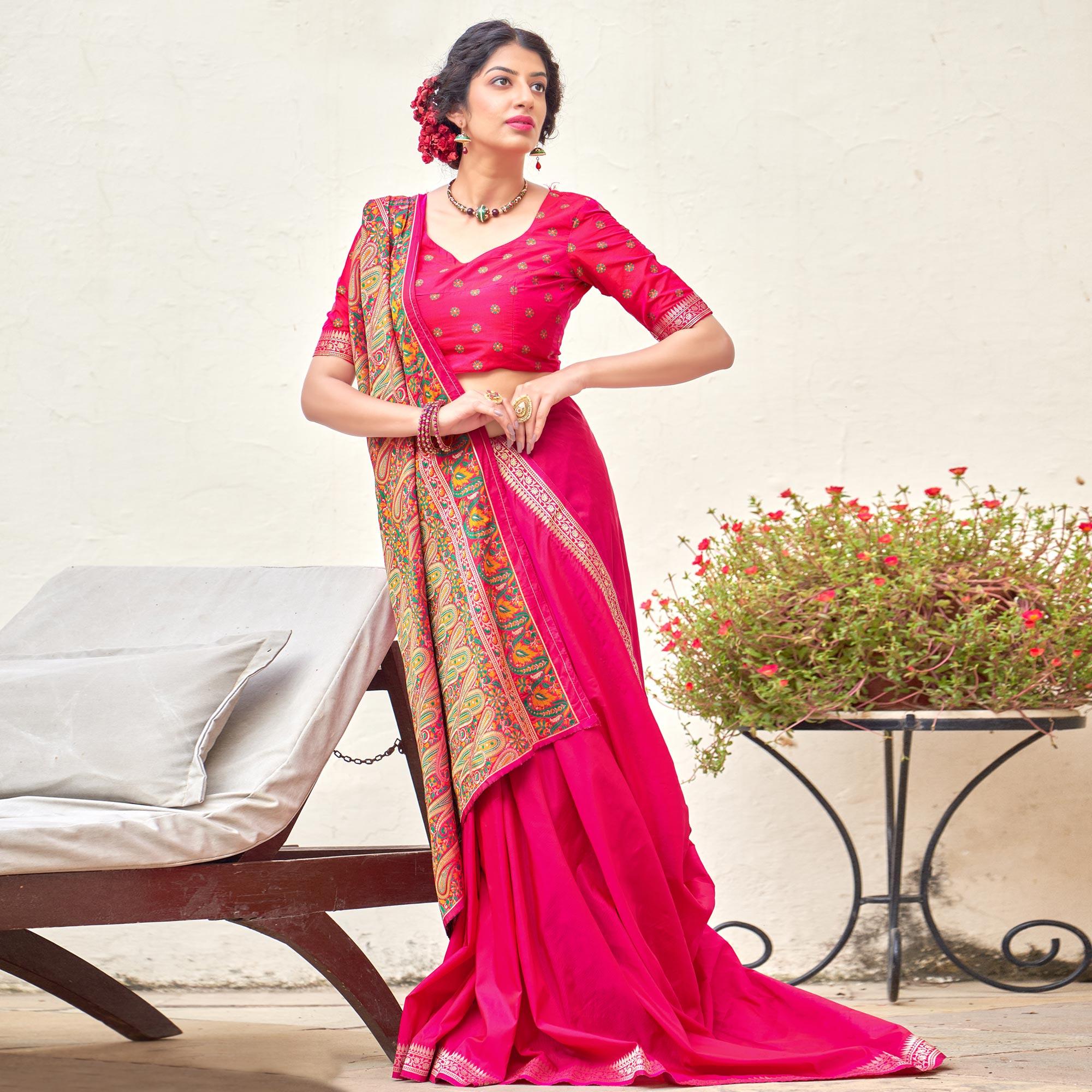 Pink Festive Wear Woven Soft Banarasi Silk Saree - Peachmode