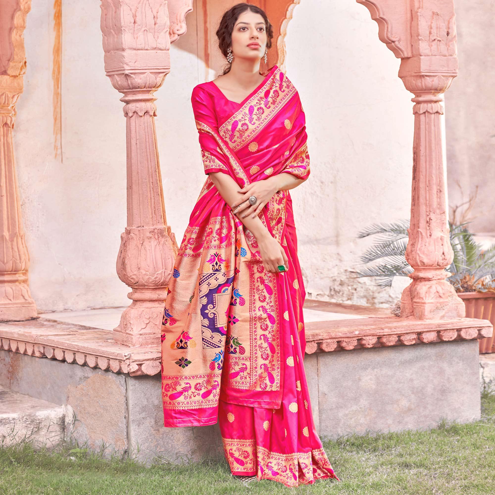 Pink Festive Wear Woven Soft Banarasi Silk Saree - Peachmode