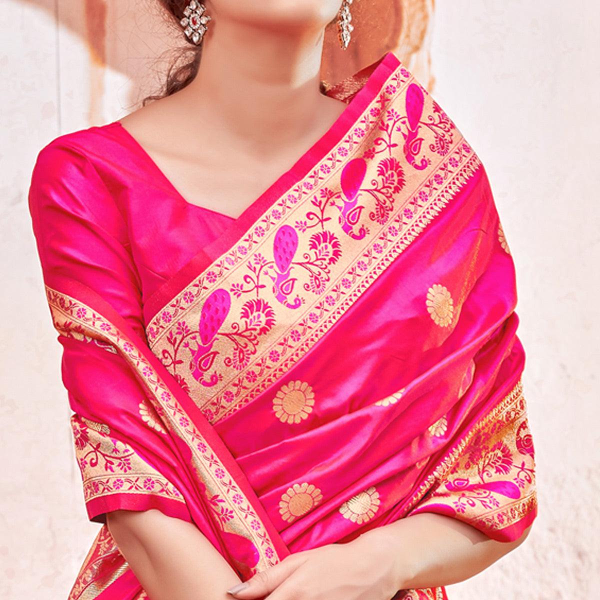 Pink Festive Wear Woven Soft Banarasi Silk Saree - Peachmode