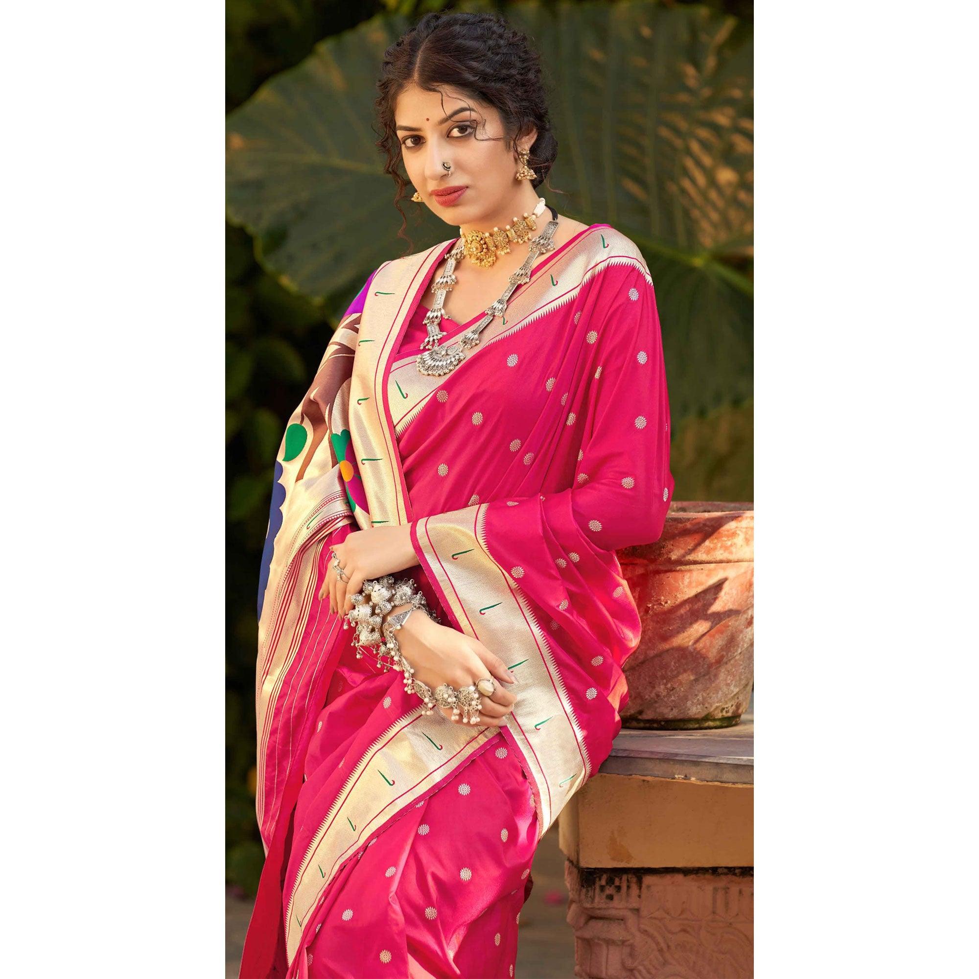 Pink Festive Wear Woven Soft Banarasi Silk Saree - Peachmode