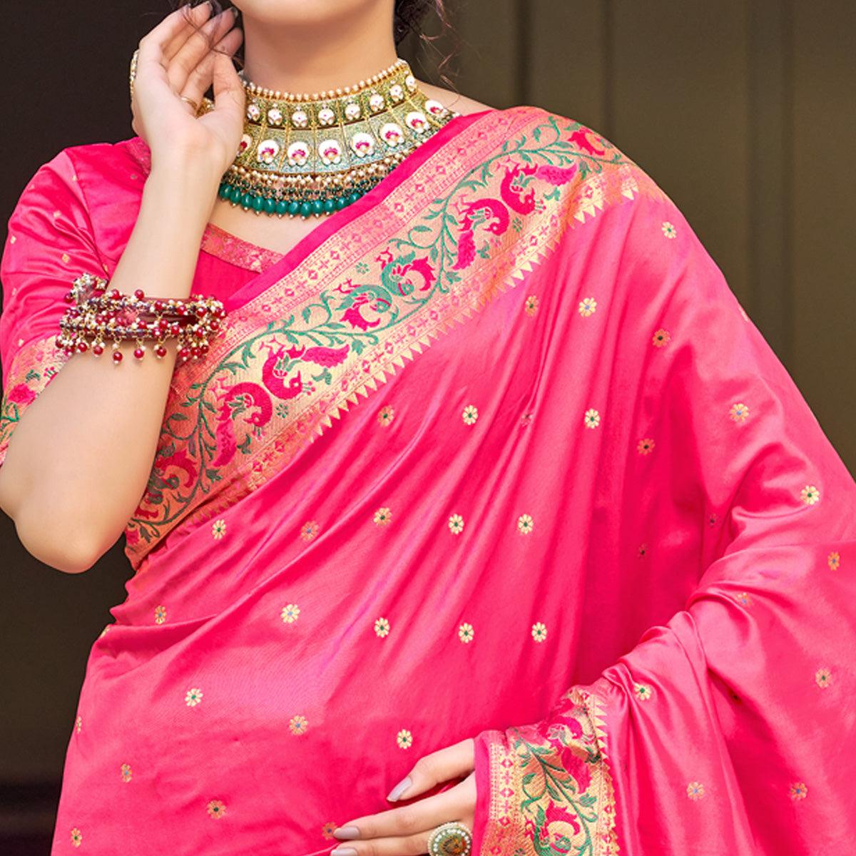 Pink Festive Wear Woven Soft Banarasi Silk Saree - Peachmode