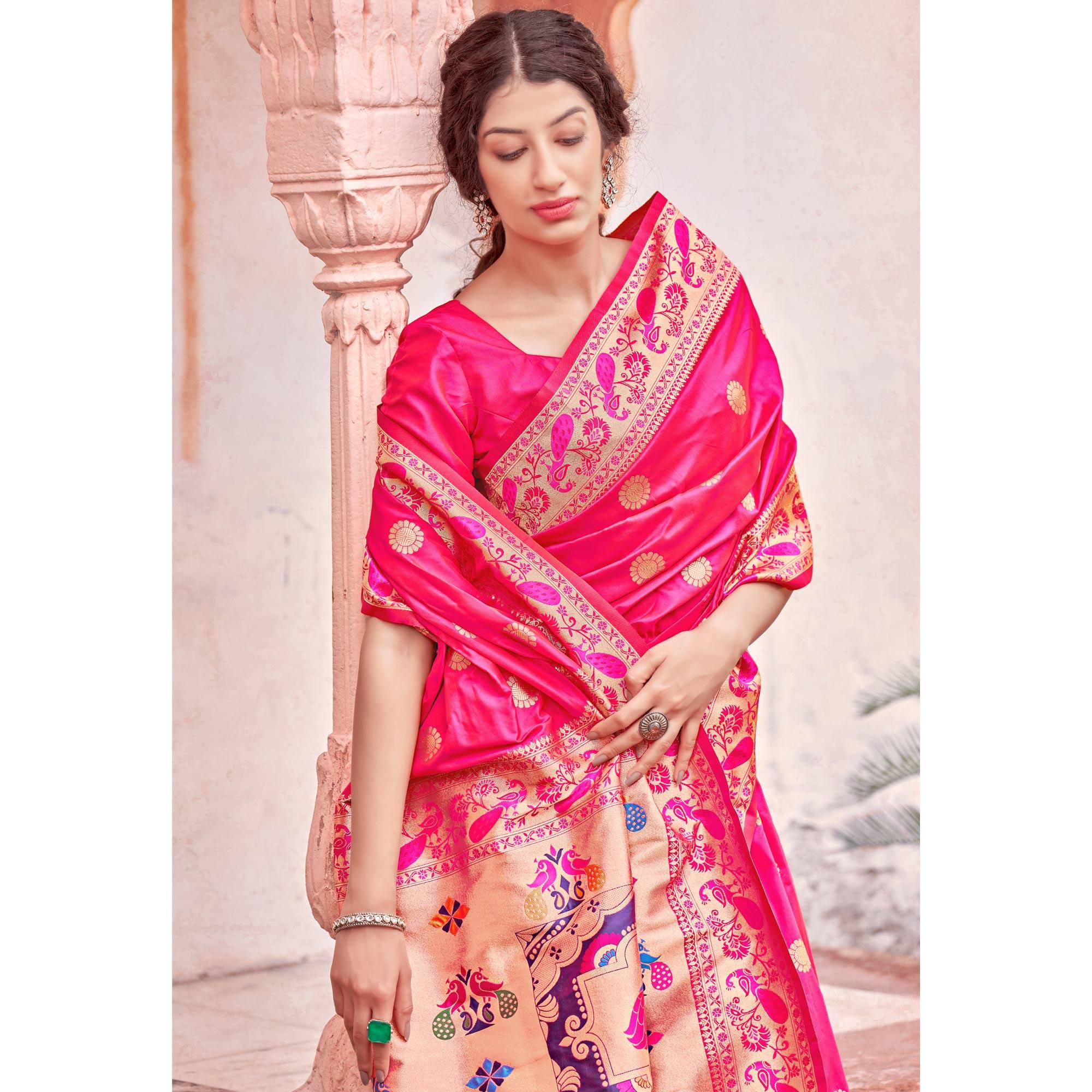 Pink Festive Wear Woven Soft Banarasi Silk Saree - Peachmode