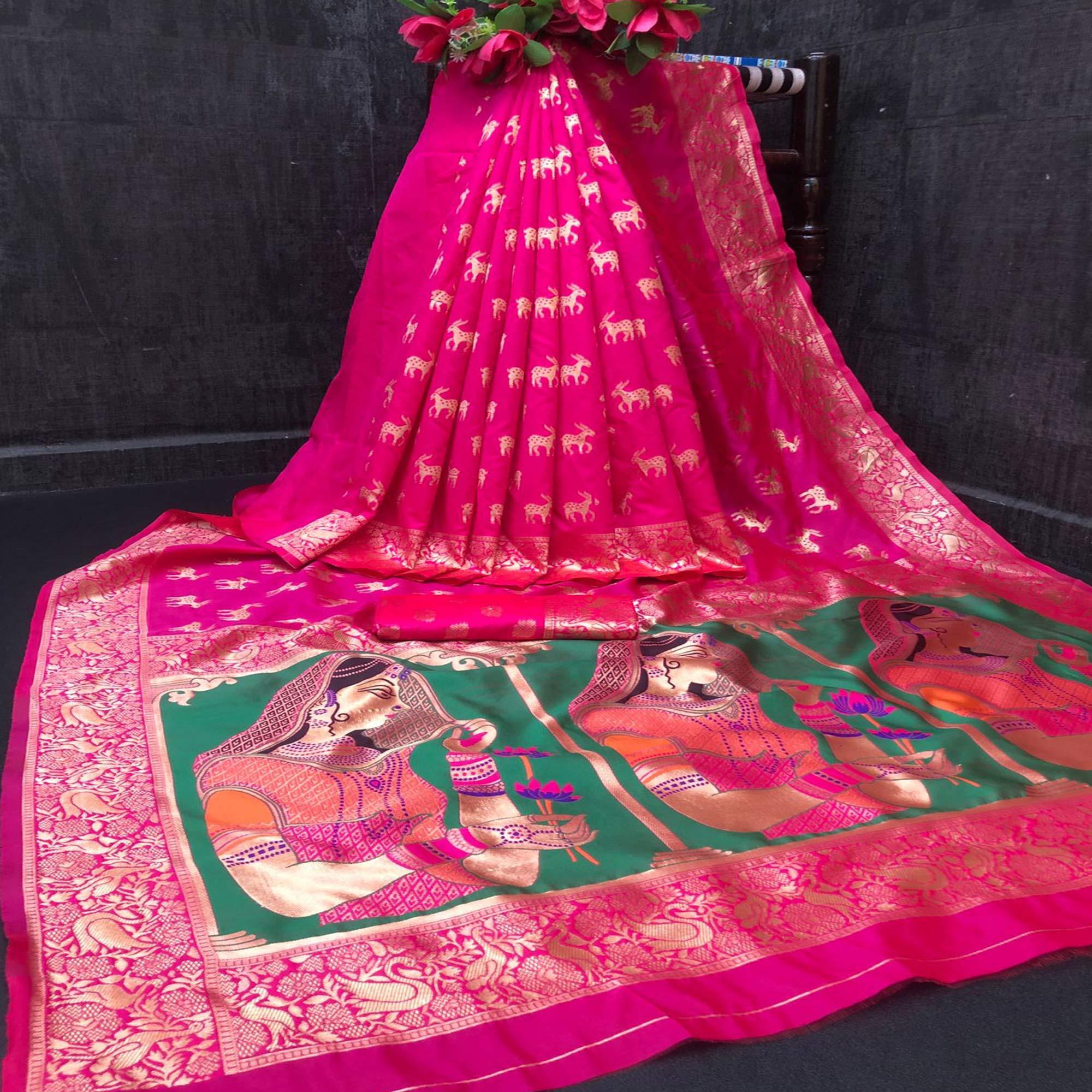 Pink Festive Wear Woven Soft Lichi Silk Saree - Peachmode