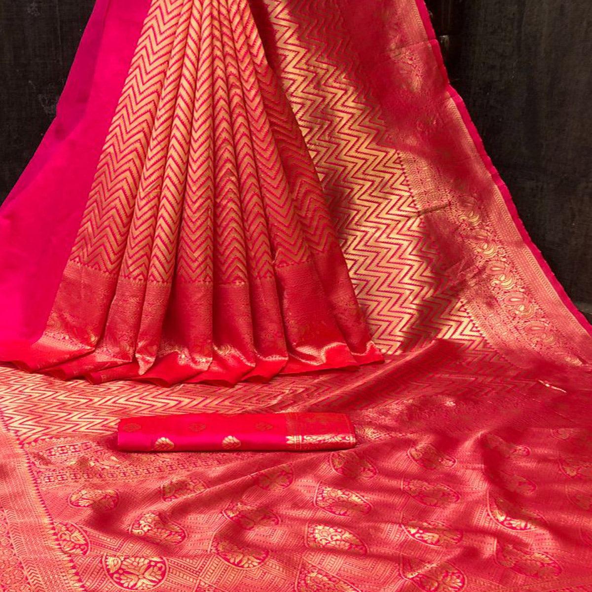 Pink Festive Wear Woven Soft Lichi Silk Saree - Peachmode