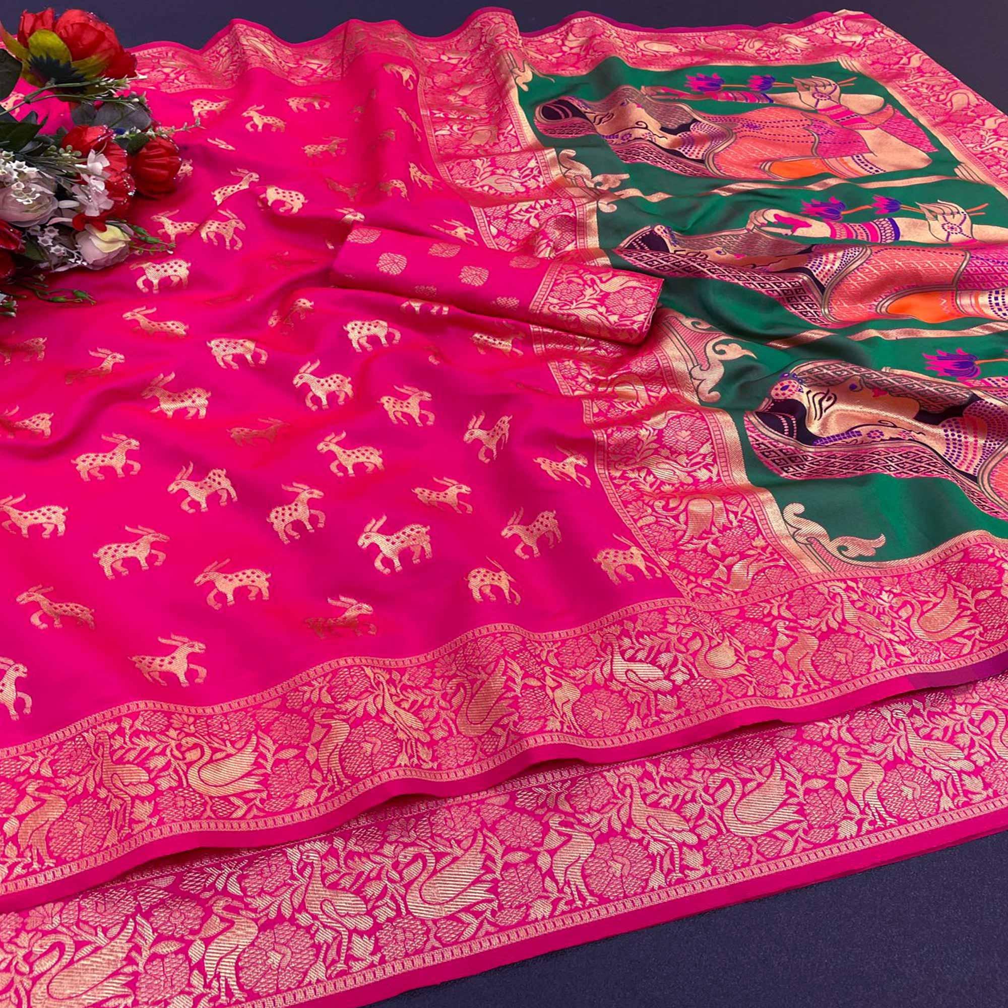 Pink Festive Wear Woven Soft Lichi Silk Saree - Peachmode