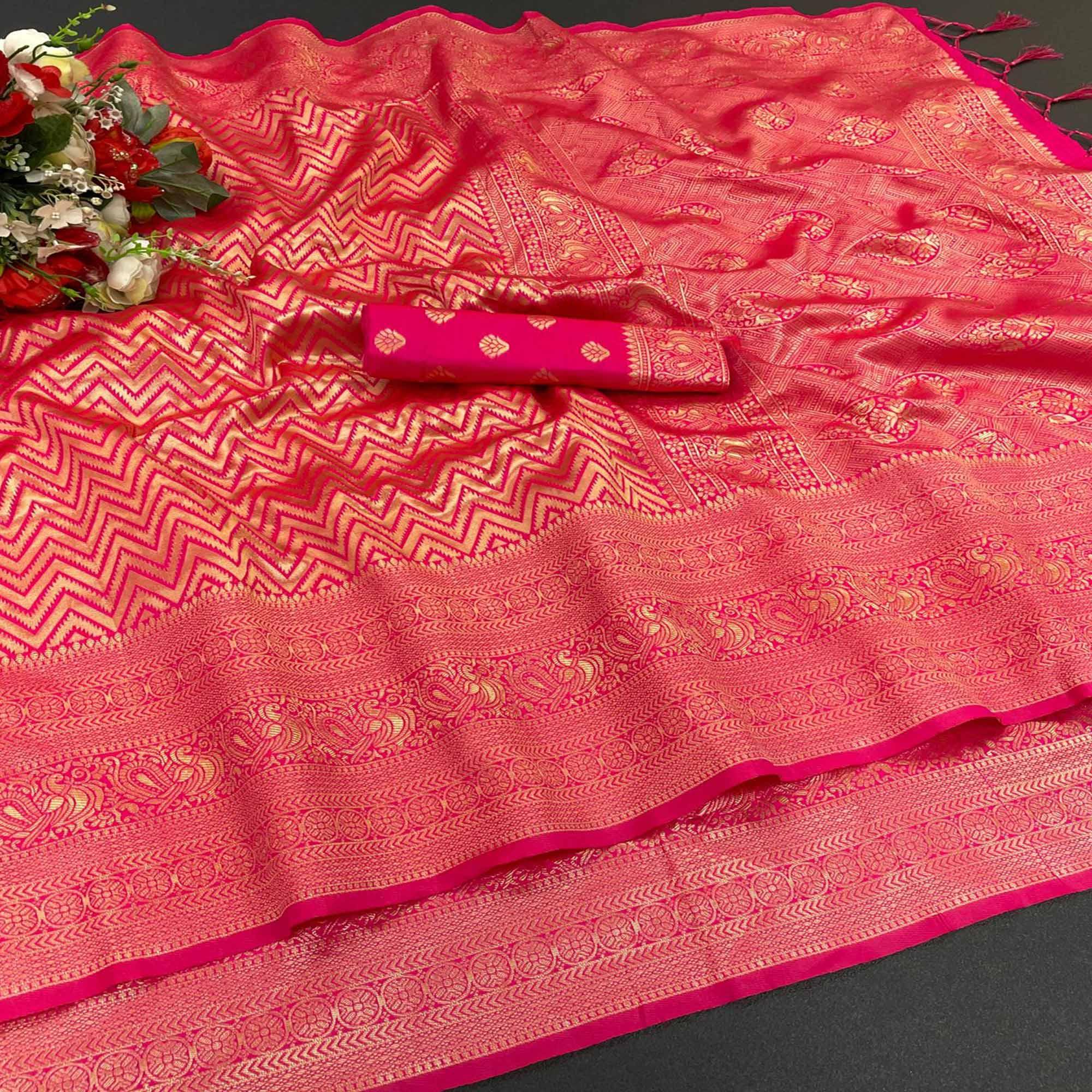 Pink Festive Wear Woven Soft Lichi Silk Saree - Peachmode