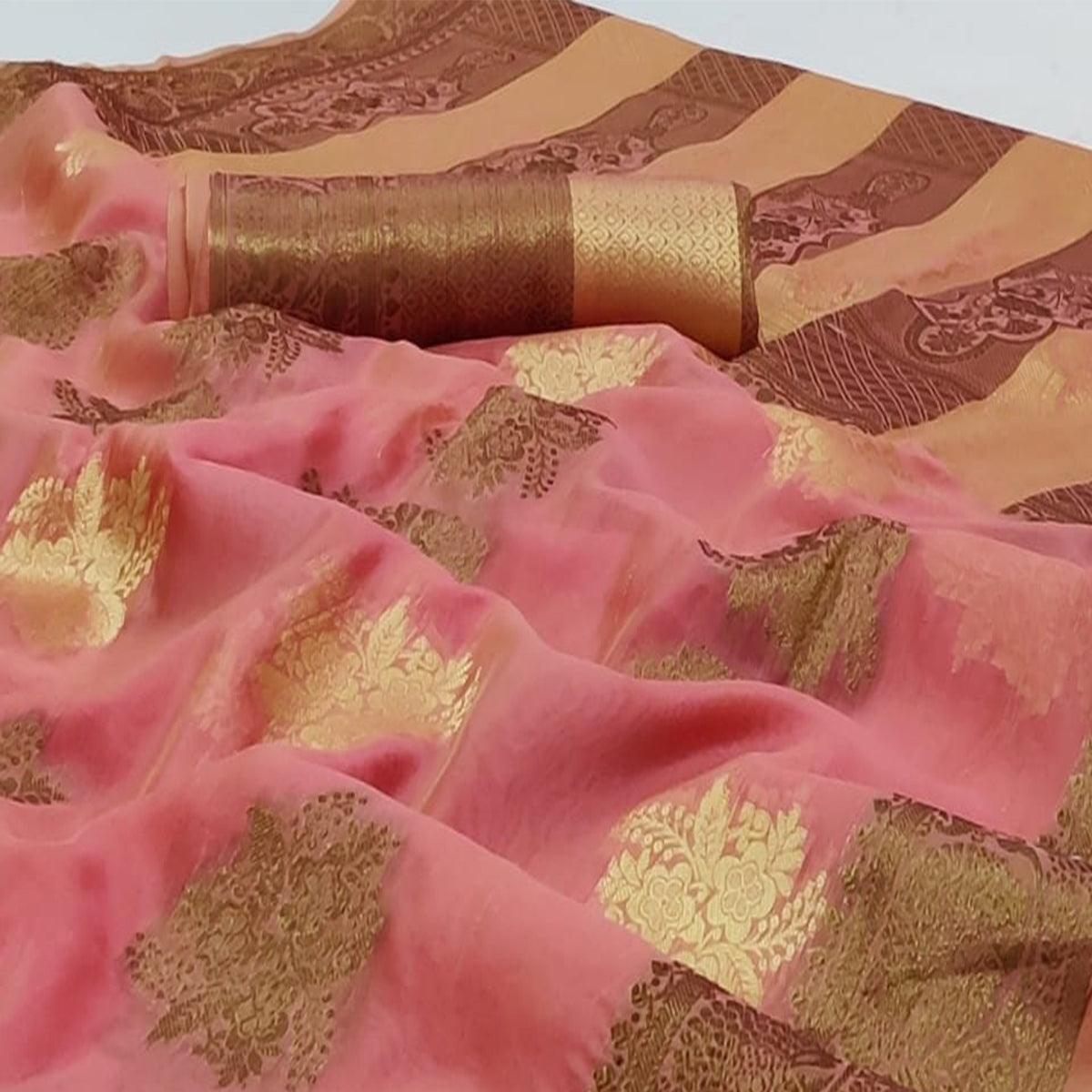 Pink Festive Wear Woven Soft Organza Saree - Peachmode