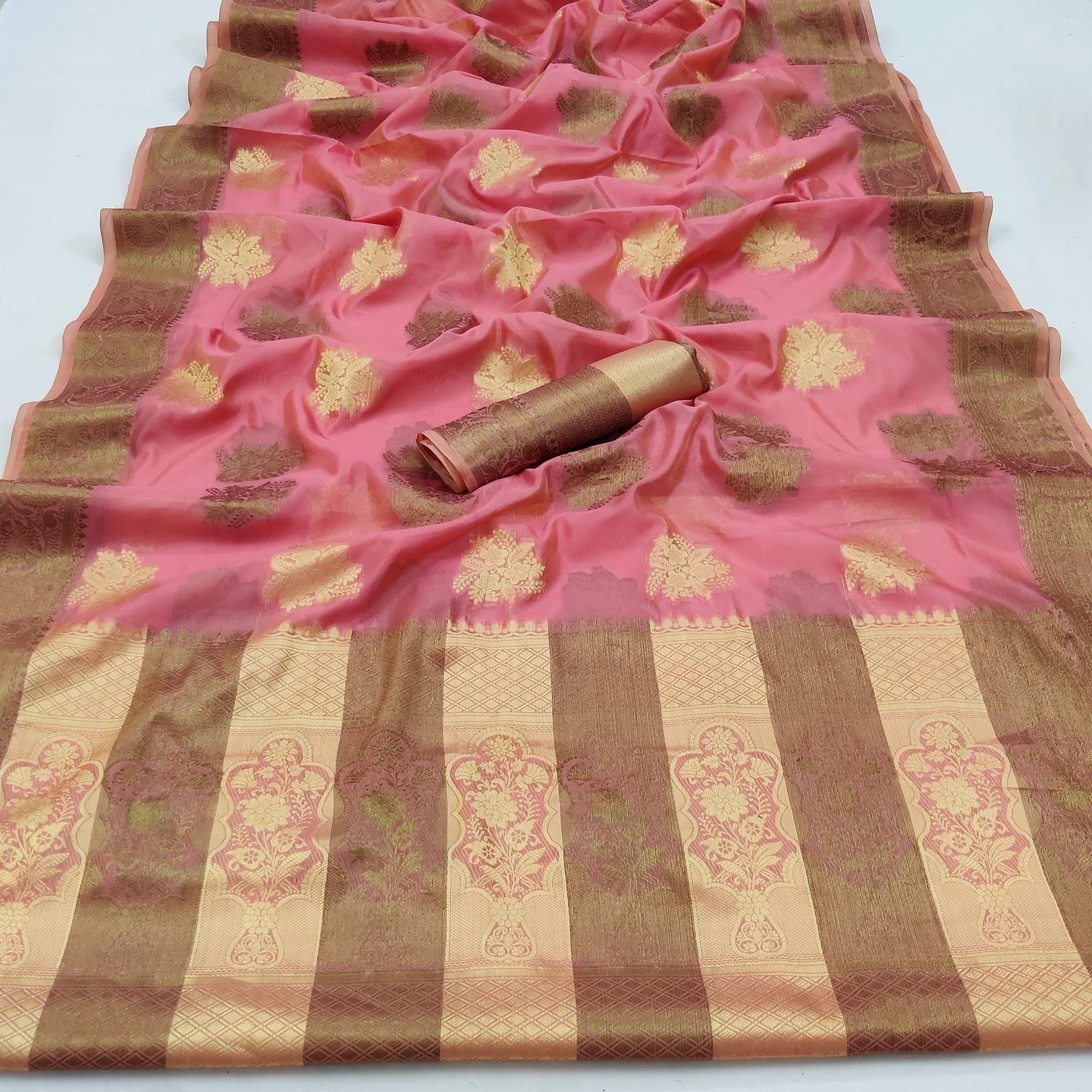 Pink Festive Wear Woven Soft Organza Saree - Peachmode