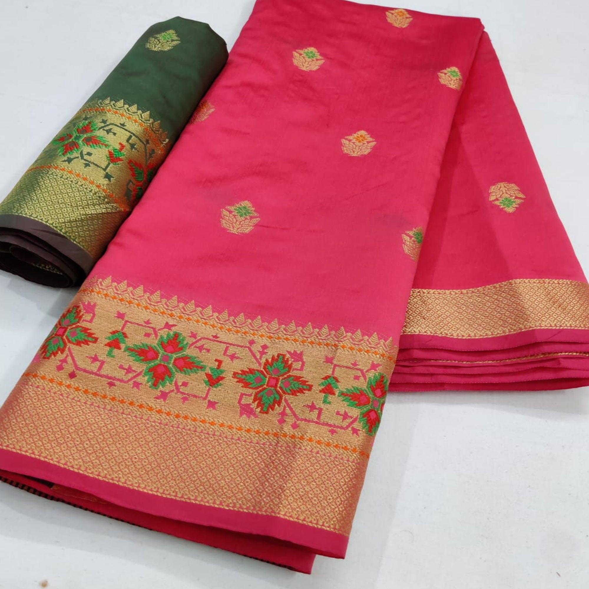 Pink Festive Wear Woven Soft Silk Saree - Peachmode