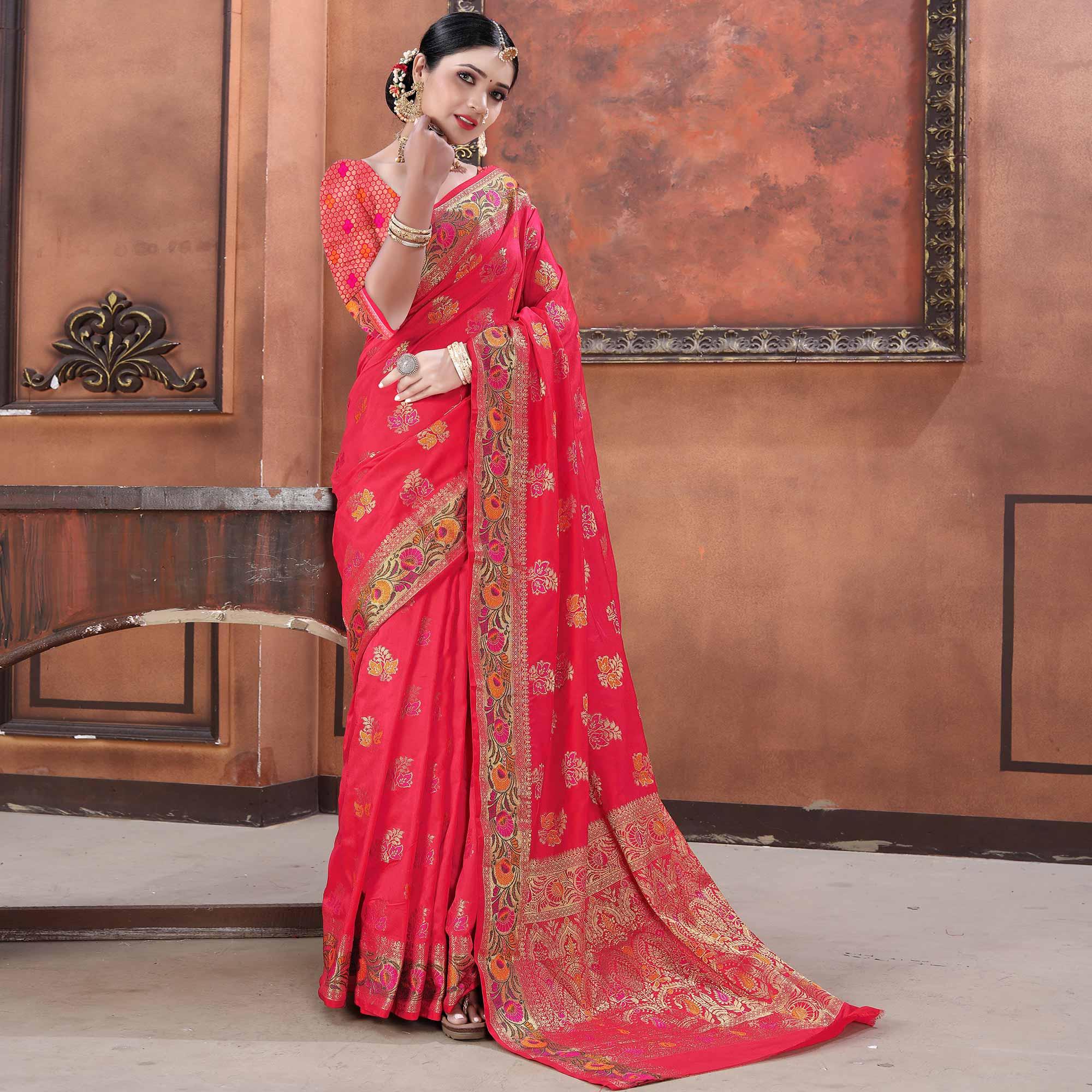Pink Festive Wear Woven Soft Silk Saree - Peachmode