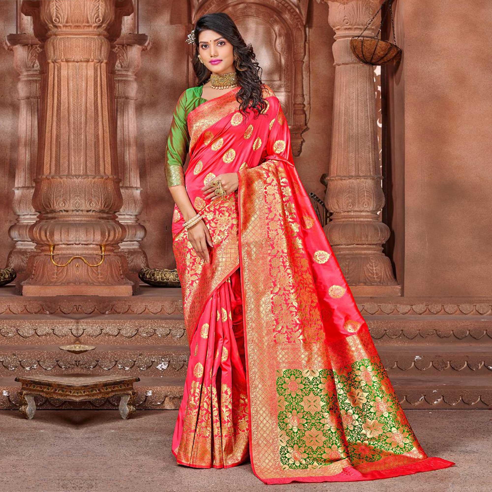 Pink Festive Wear Woven Soft Silk Saree - Peachmode