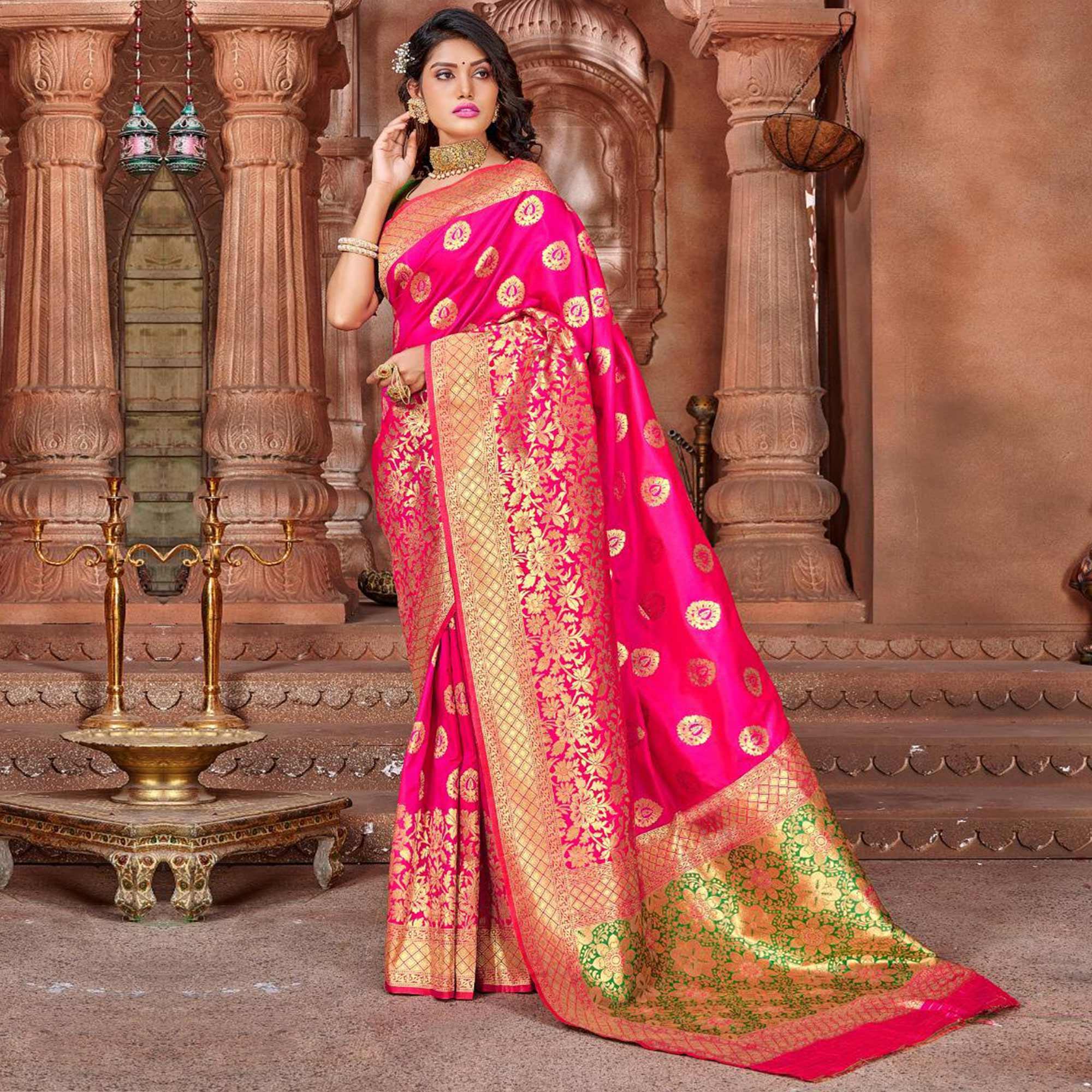Pink Festive Wear Woven Soft Silk Saree - Peachmode