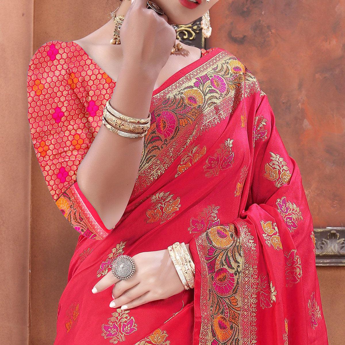 Pink Festive Wear Woven Soft Silk Saree - Peachmode