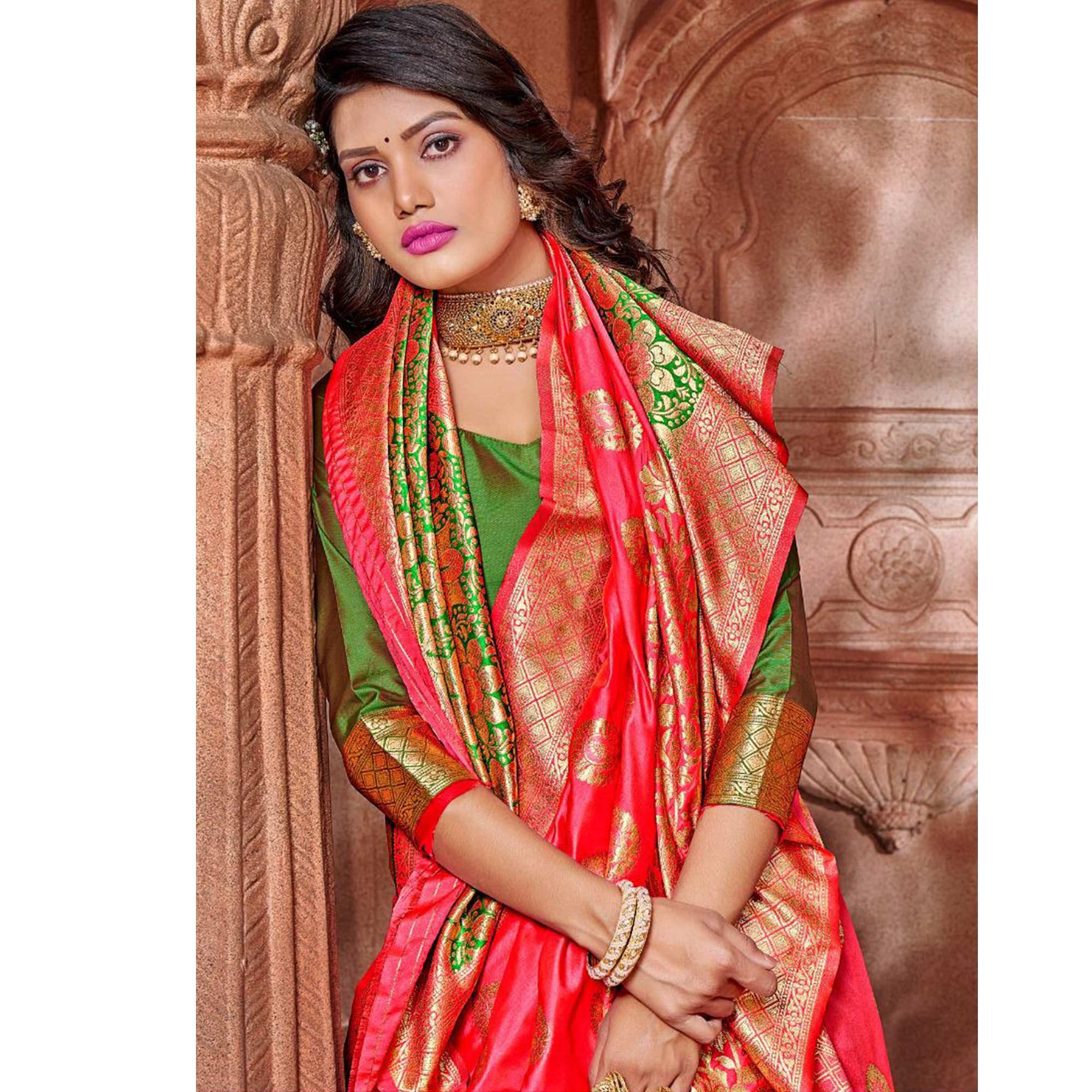 Pink Festive Wear Woven Soft Silk Saree - Peachmode