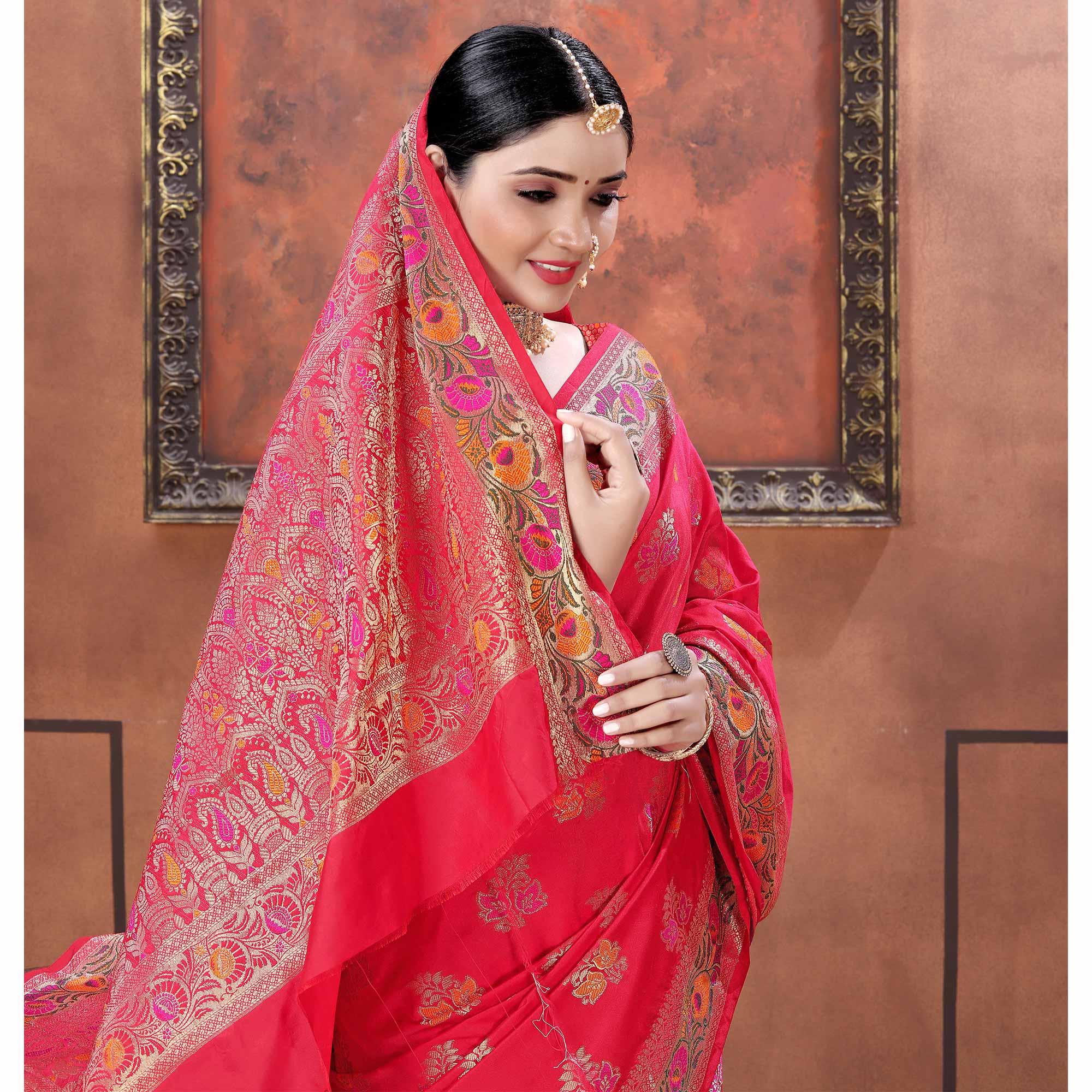 Pink Festive Wear Woven Soft Silk Saree - Peachmode