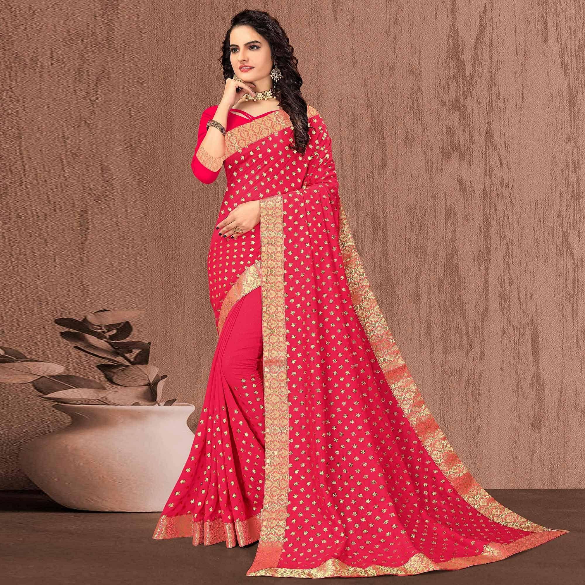 Pink Festive Wear Woven Vichitra Silk Saree - Peachmode