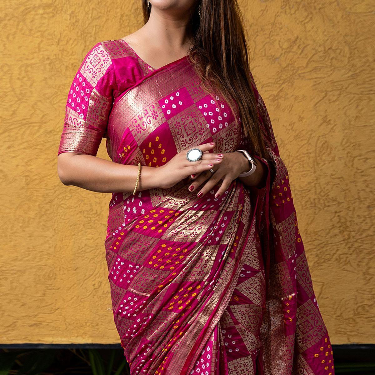 Pink Festive Wear Woven With Bandhani Printed Art Silk Saree - Peachmode