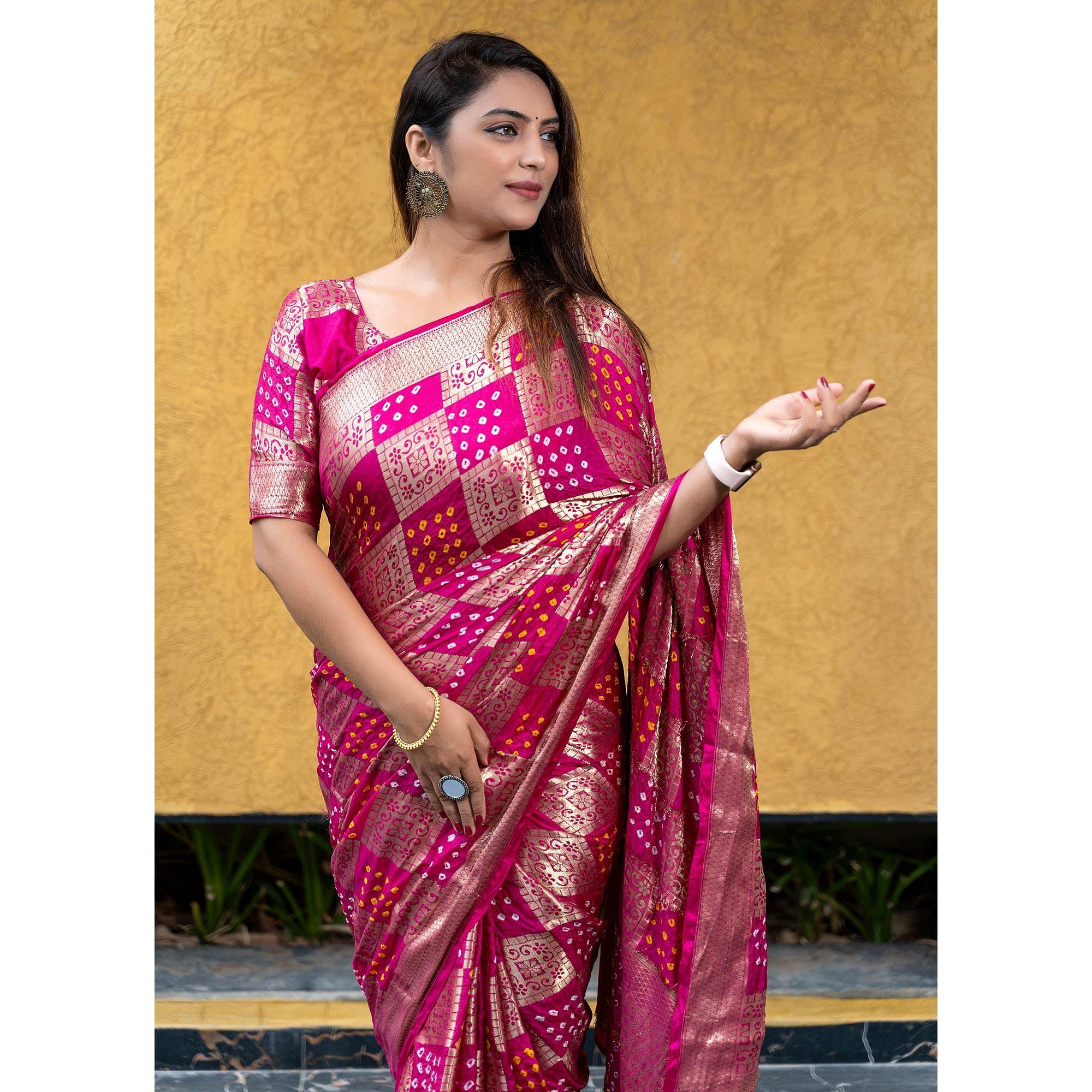 Pink Festive Wear Woven With Bandhani Printed Art Silk Saree - Peachmode