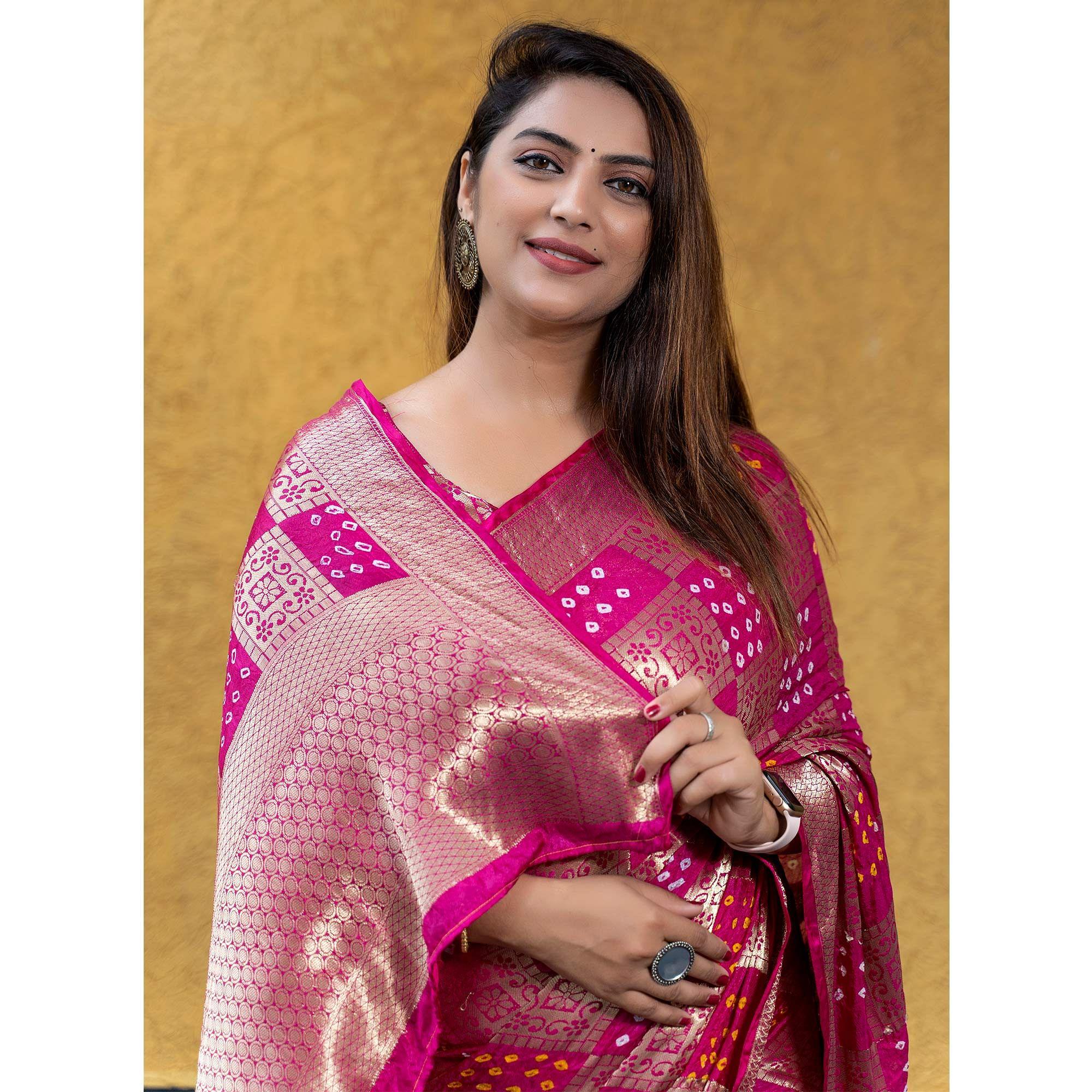 Pink Festive Wear Woven With Bandhani Printed Art Silk Saree - Peachmode