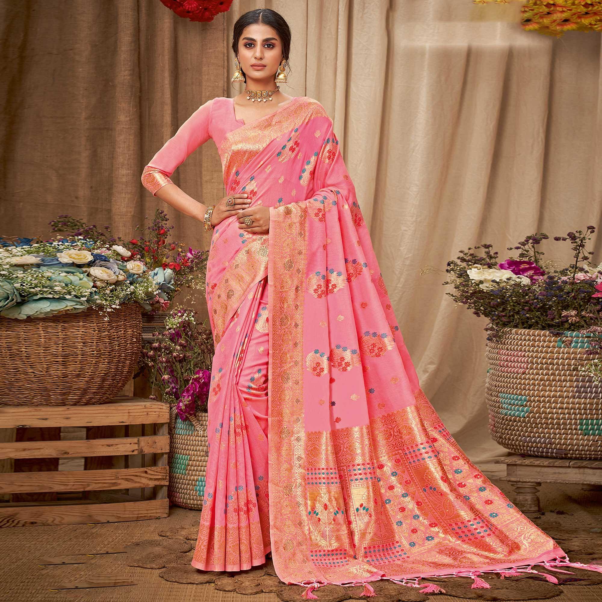 Pink Festive Wear Woven With Embellished Cotton Saree With Tassels - Peachmode