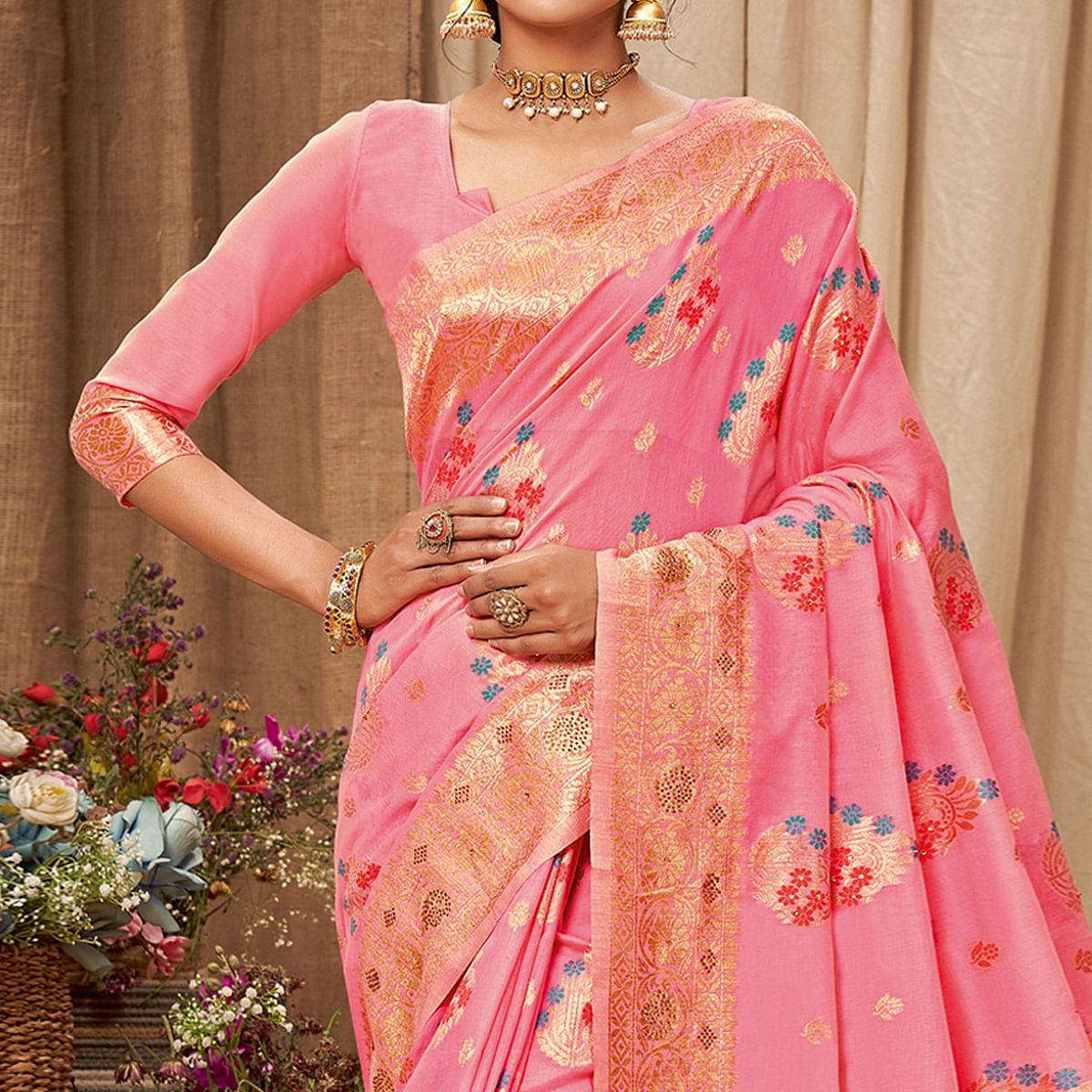 Pink Festive Wear Woven With Embellished Cotton Saree With Tassels - Peachmode