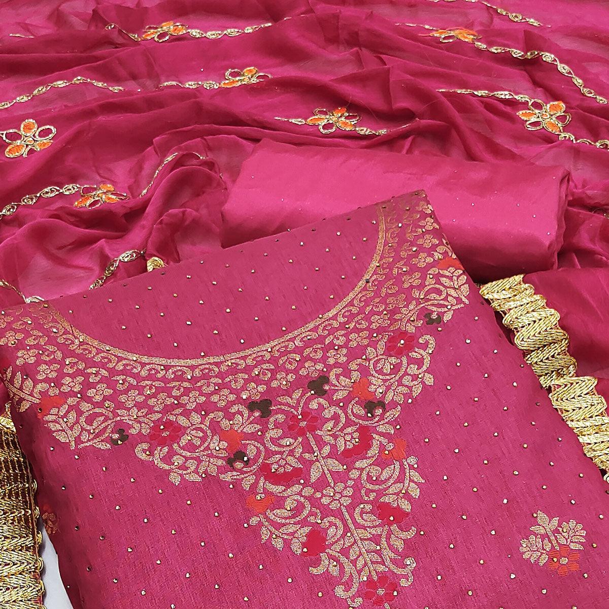 Pink Festive Wear Woven With Embellished Cotton Silk Dress Material - Peachmode