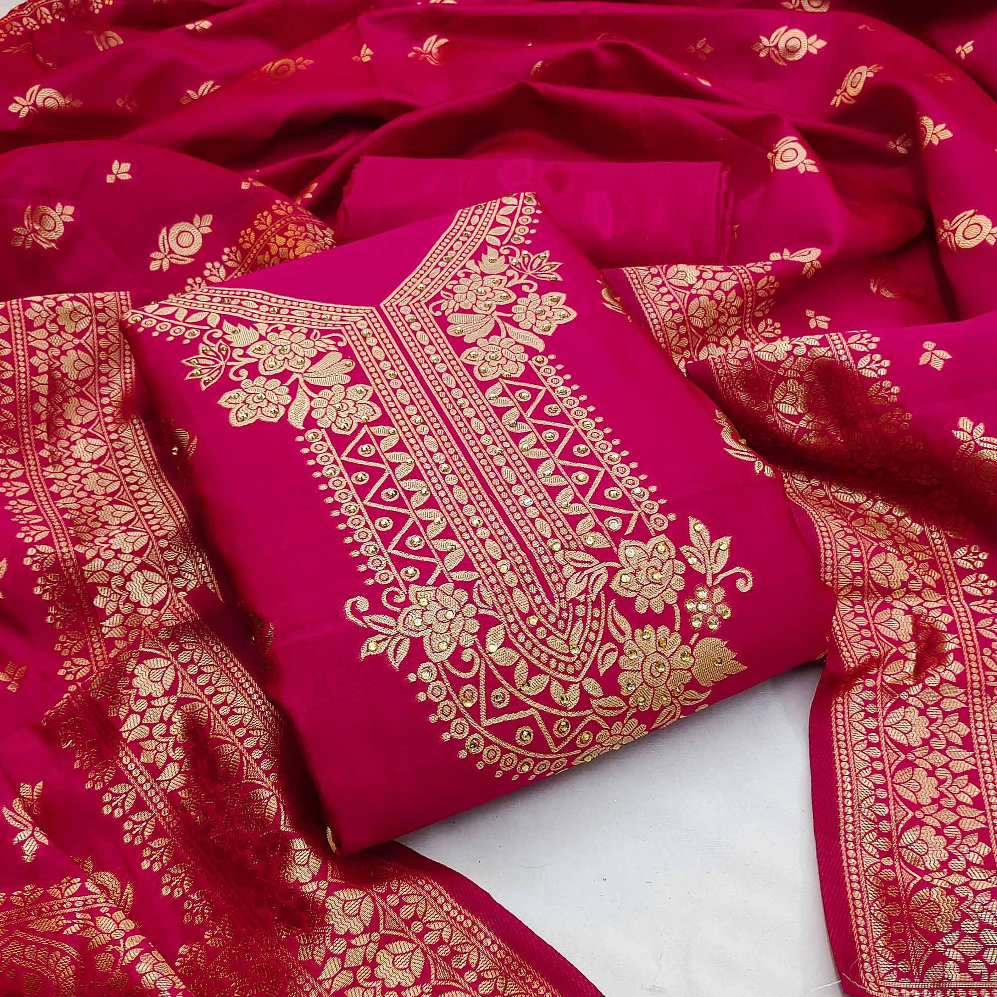 Pink Festive Wear Woven With Embellished Jacquard Dress Material - Peachmode