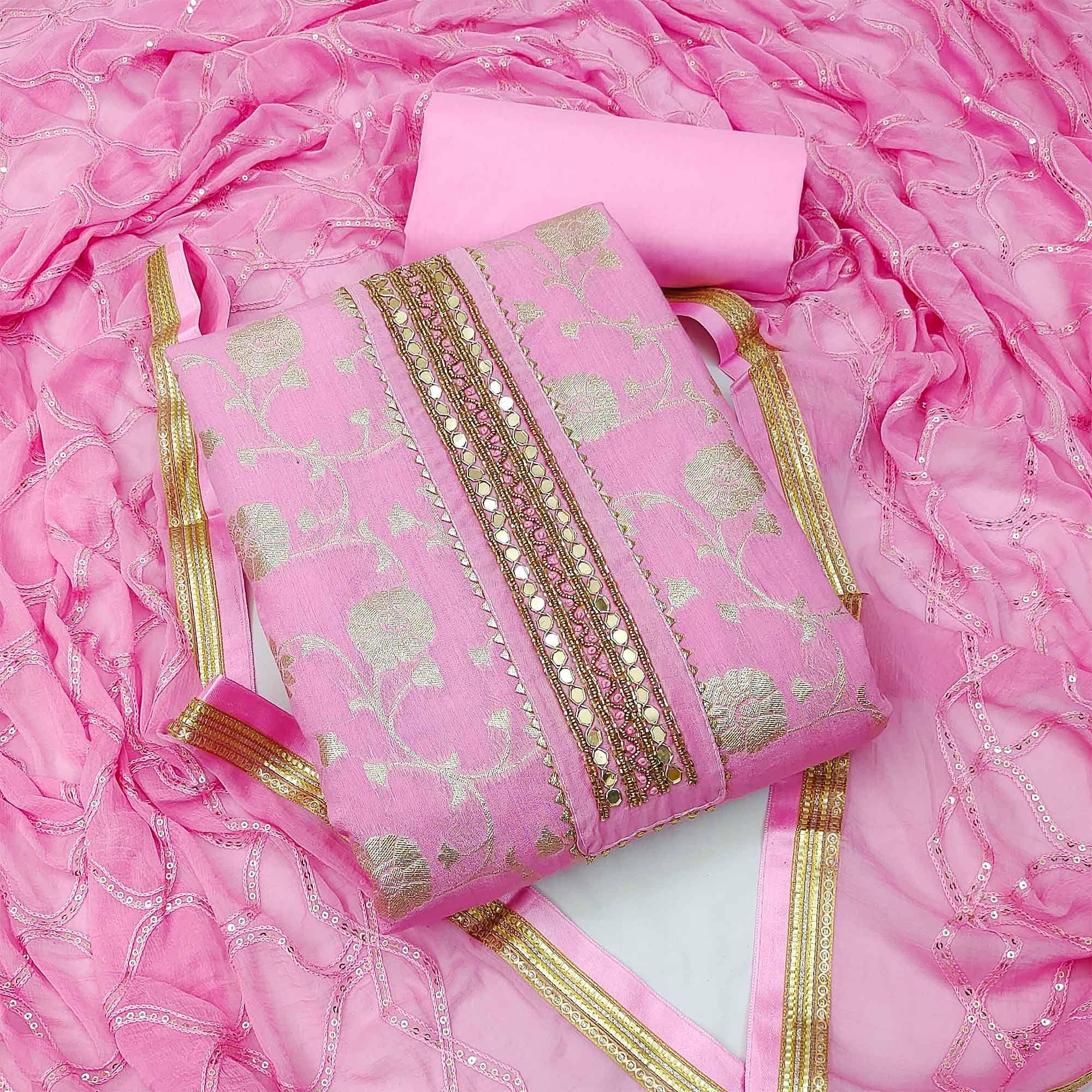 Pink Festive Wear Woven With Embellished Jacquard Dress Material - Peachmode