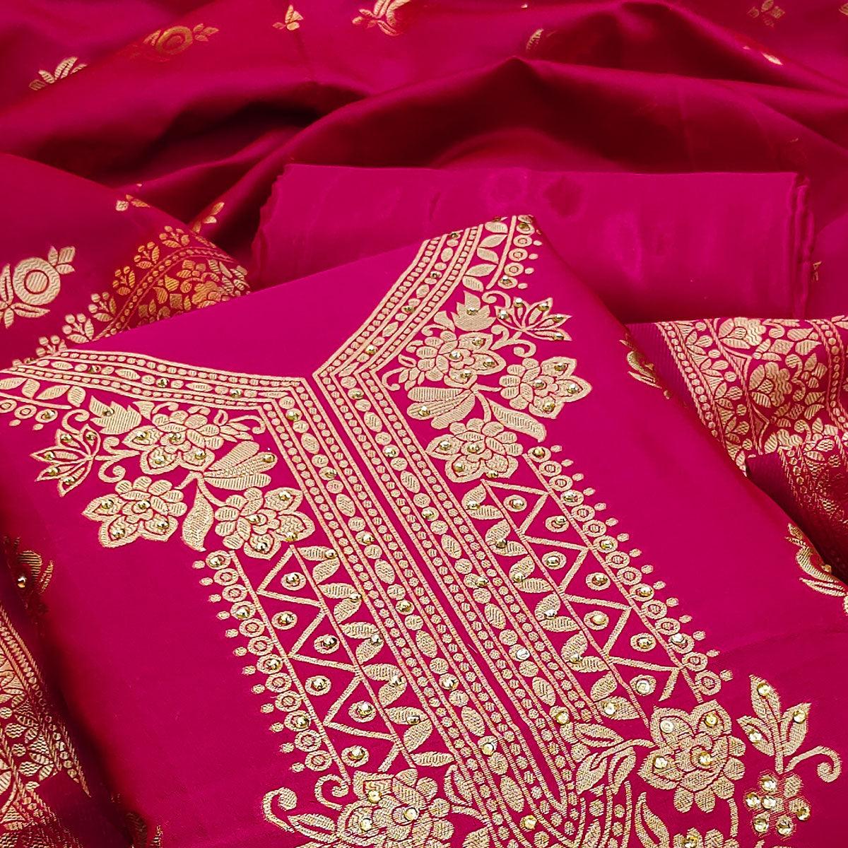 Pink Festive Wear Woven With Embellished Jacquard Dress Material - Peachmode