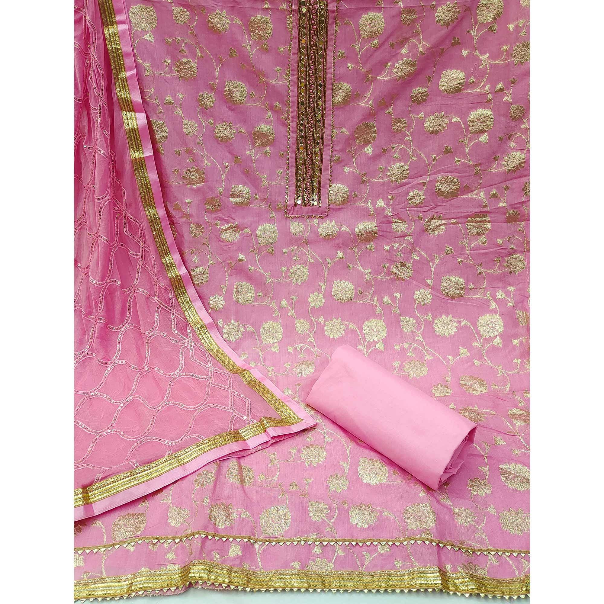 Pink Festive Wear Woven With Embellished Jacquard Dress Material - Peachmode
