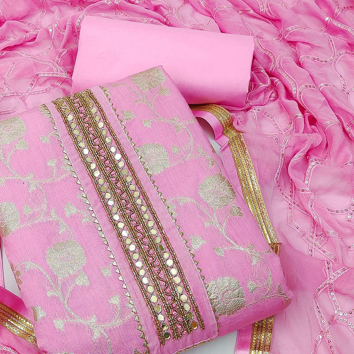 Pink Festive Wear Woven With Embellished Jacquard Dress Material - Peachmode