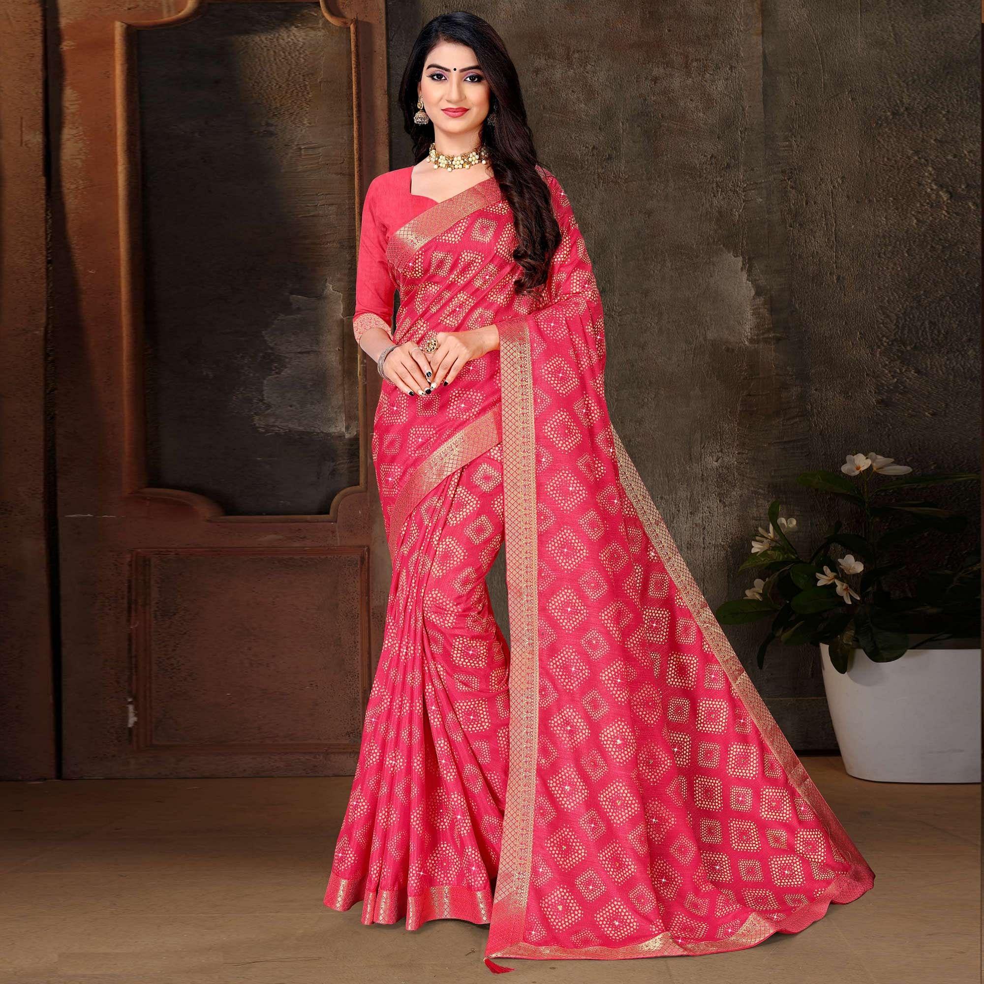 Pink Festive Wear Woven With Embellished Vichitra Silk Saree - Peachmode