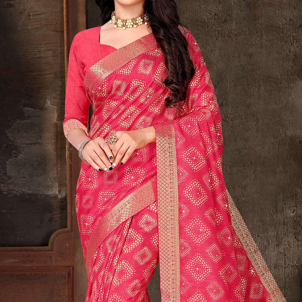 Pink Festive Wear Woven With Embellished Vichitra Silk Saree - Peachmode
