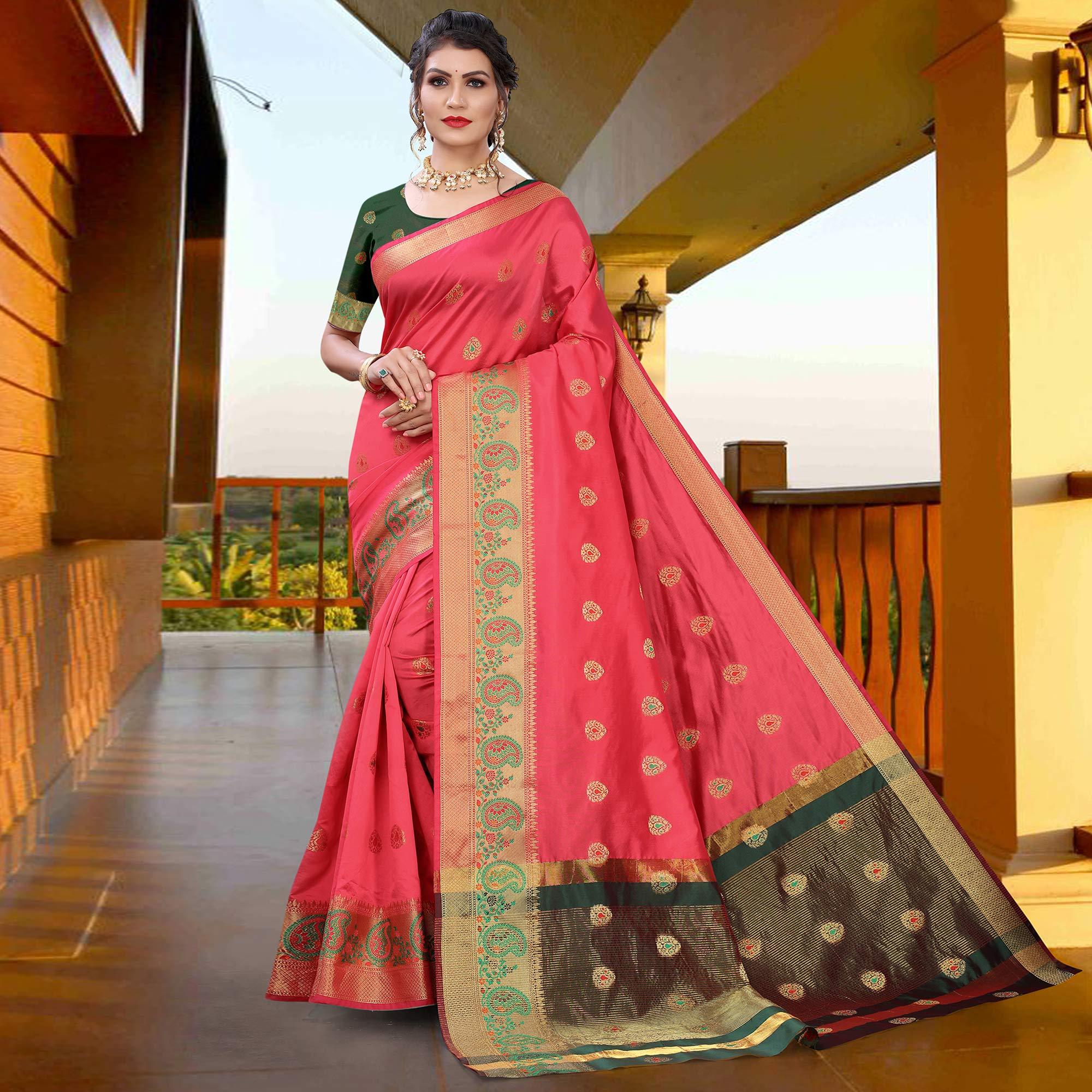 Pink Festive Wear Woven With Meena Butta Lining Pallu Soft Silk Saree - Peachmode