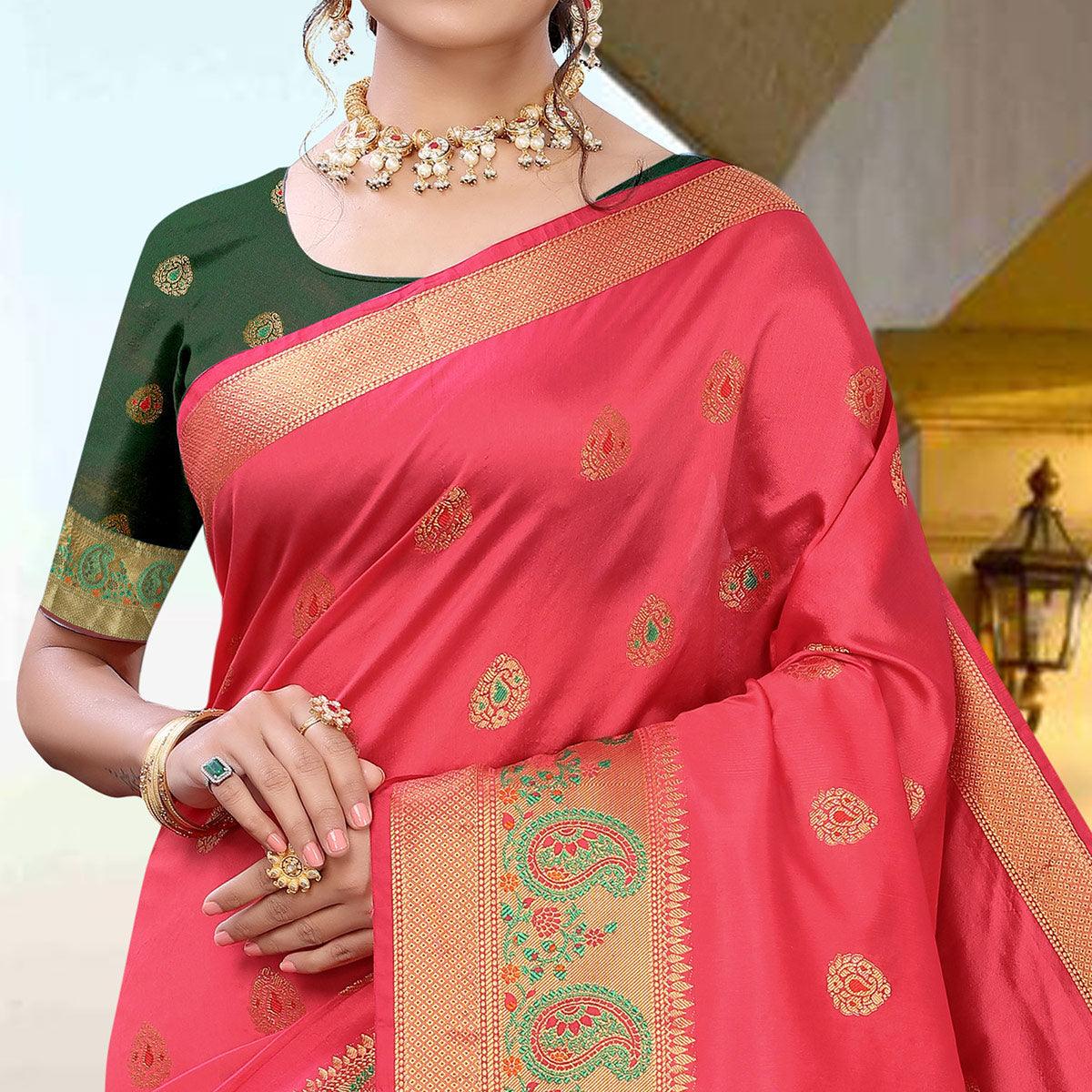 Pink Festive Wear Woven With Meena Butta Lining Pallu Soft Silk Saree - Peachmode